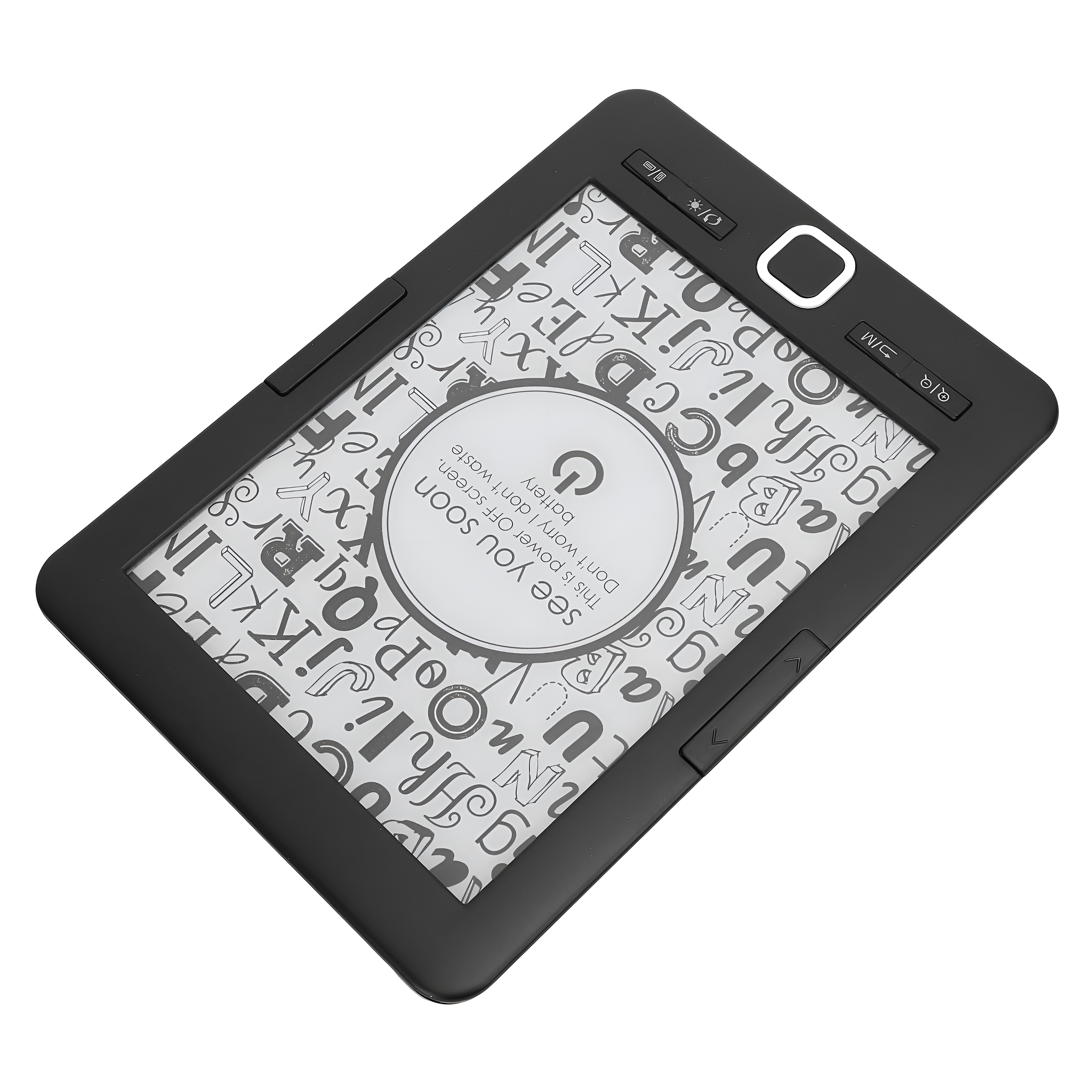 Schwarzer E-Reader auf weißem Hintergrund. Der Bildschirm zeigt Text und ein Ein/Aus-Symbol.
