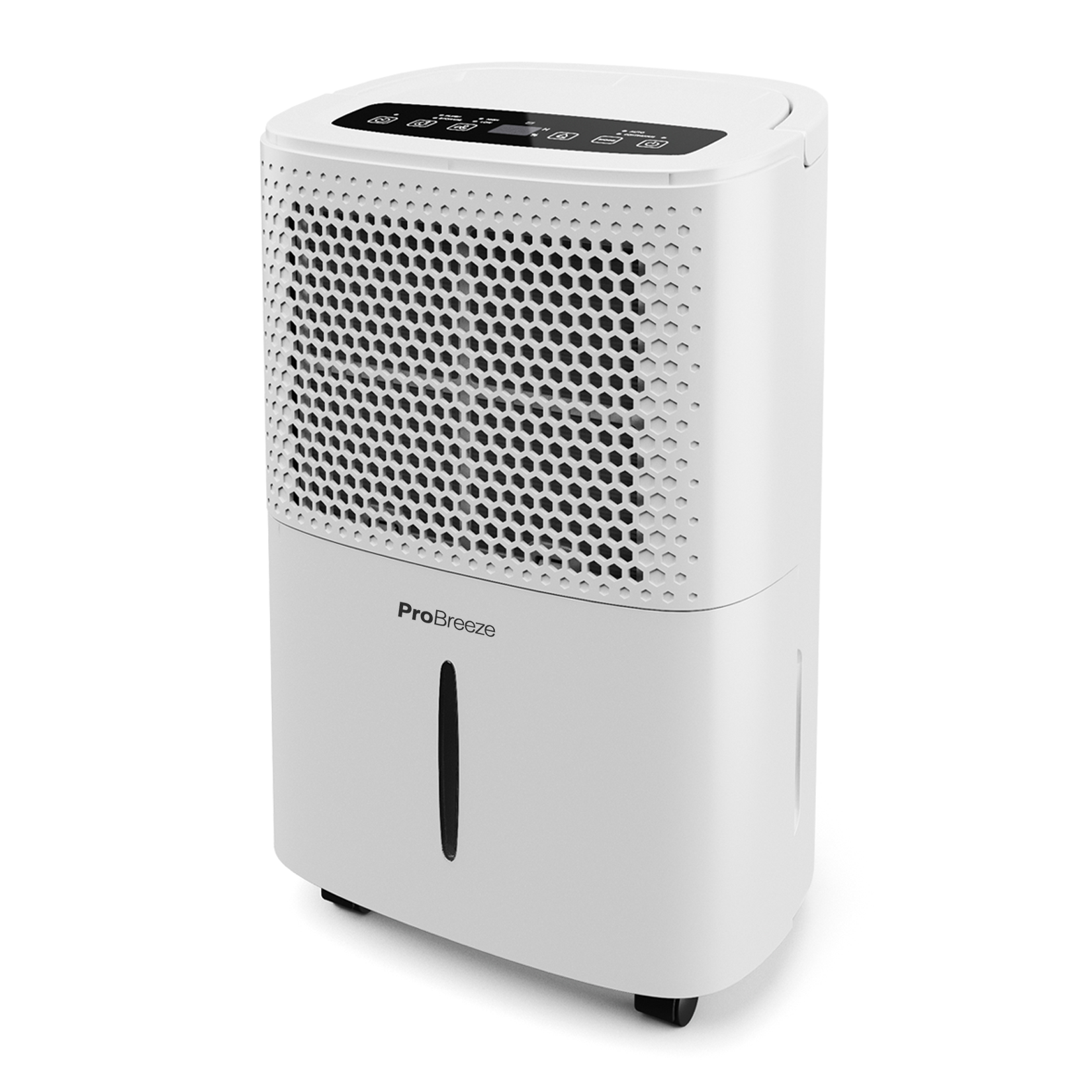 Ein weißer Luftentfeuchter mit schwarzem Waben-Grill, der die Marke ProBreeze zeigt.