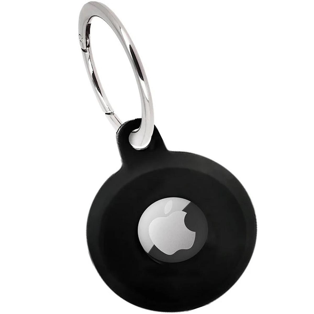 Schwarze Apple AirTag-Hülle mit silbernem Schlüsselring. Das Apple-Logo ist sichtbar.