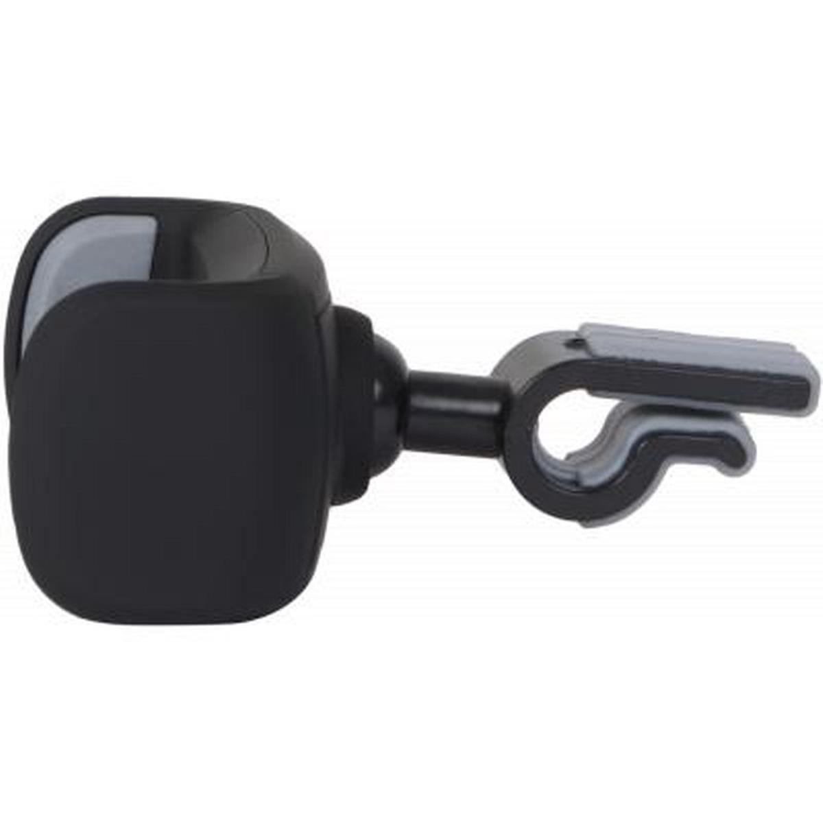 Un soporte negro para teléfono de coche, con un clip gris, sobre un fondo blanco.