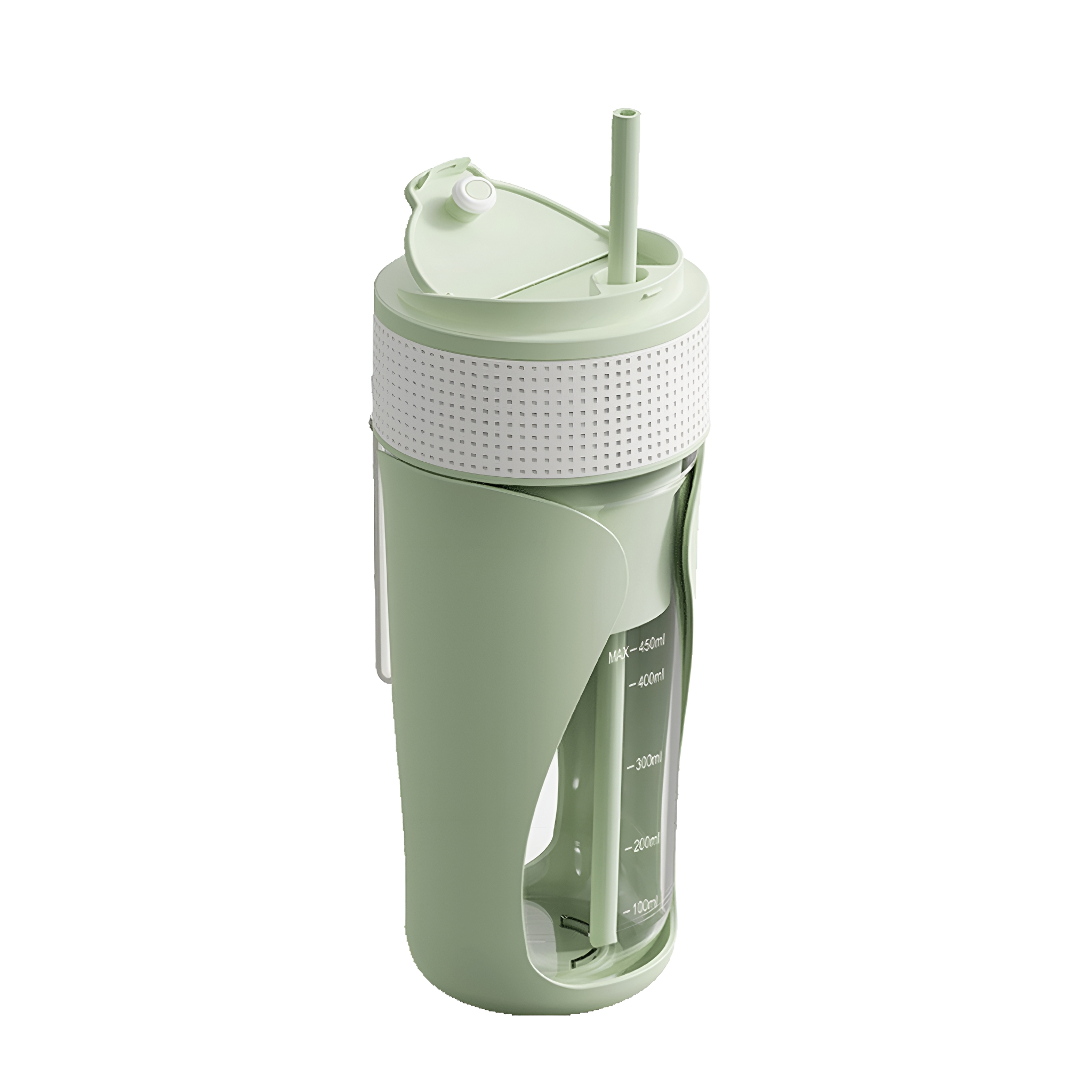 Grüne Wasserflasche mit Strohhalm und Griff. Hat Markierungen für Wasserstände an der Seite.