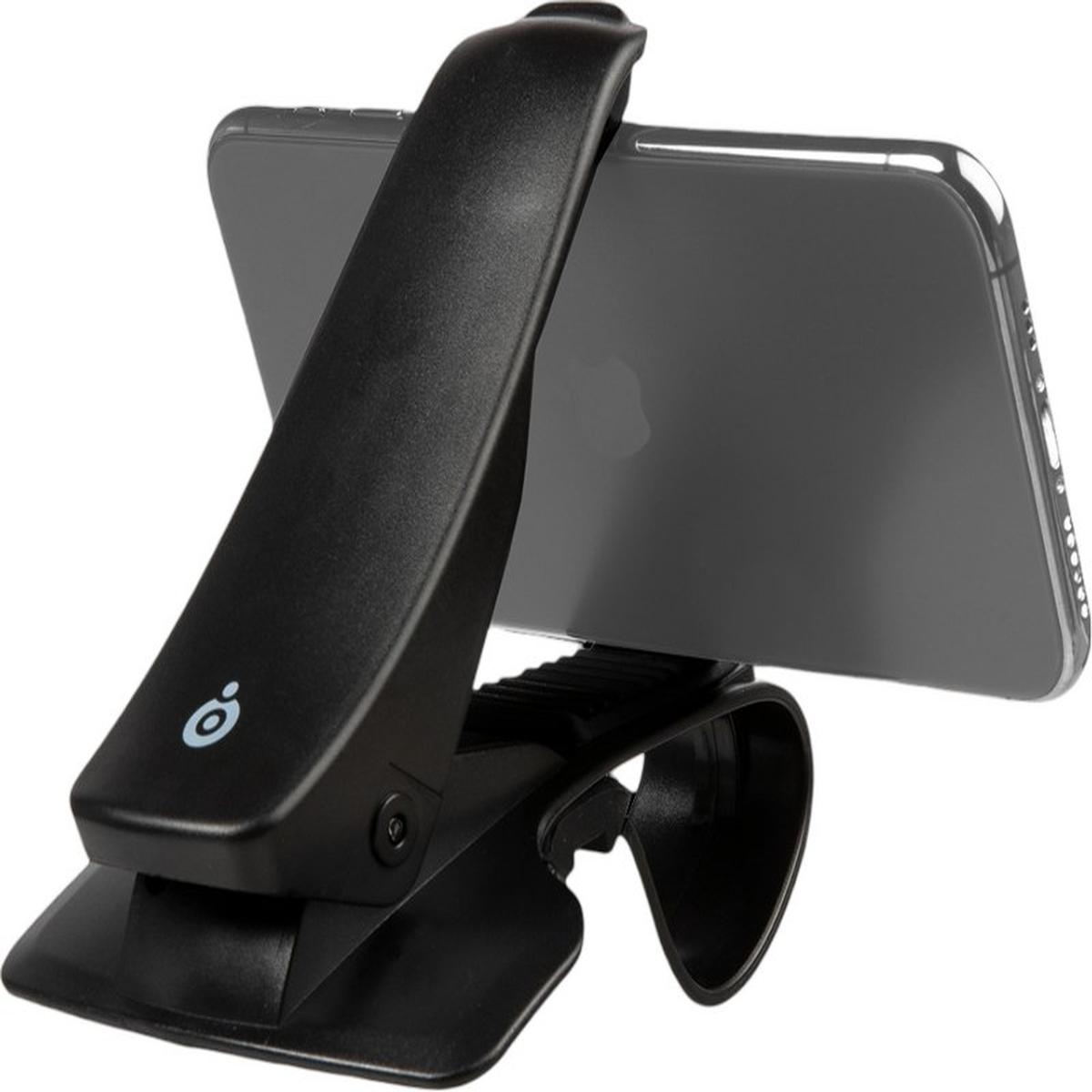 Supporto per telefono nero per auto. Il telefono è montato. Plastica nera, vista angolata.