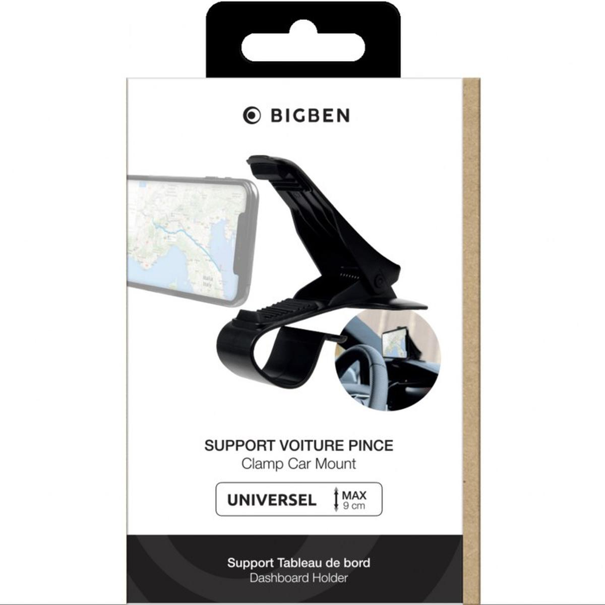 Supporto per telefono da auto nero con telefono e interno auto sullo sfondo.