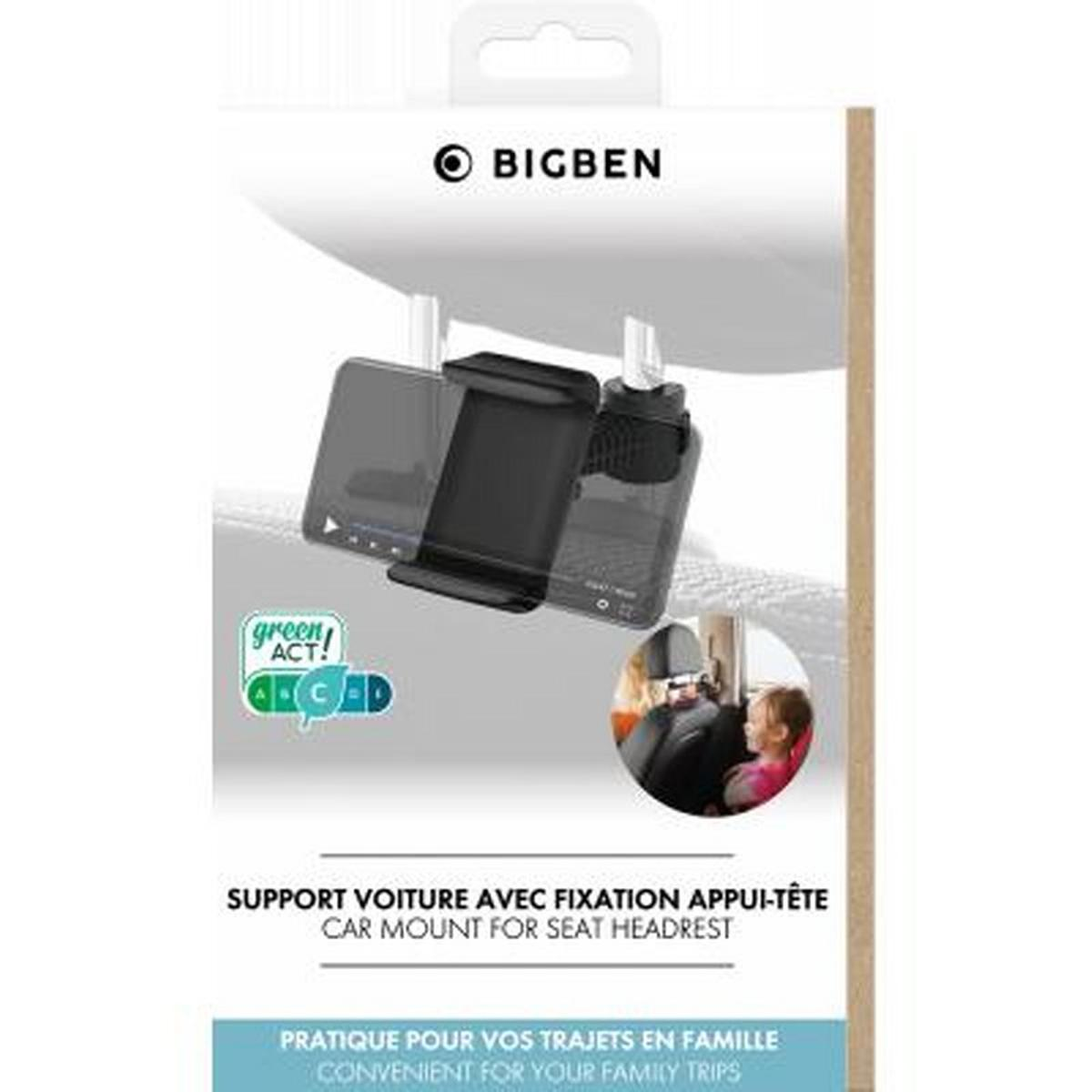 Un supporto per poggiatesta per seggiolino auto tiene uno smartphone. La confezione mostra il supporto e un bambino sul seggiolino.