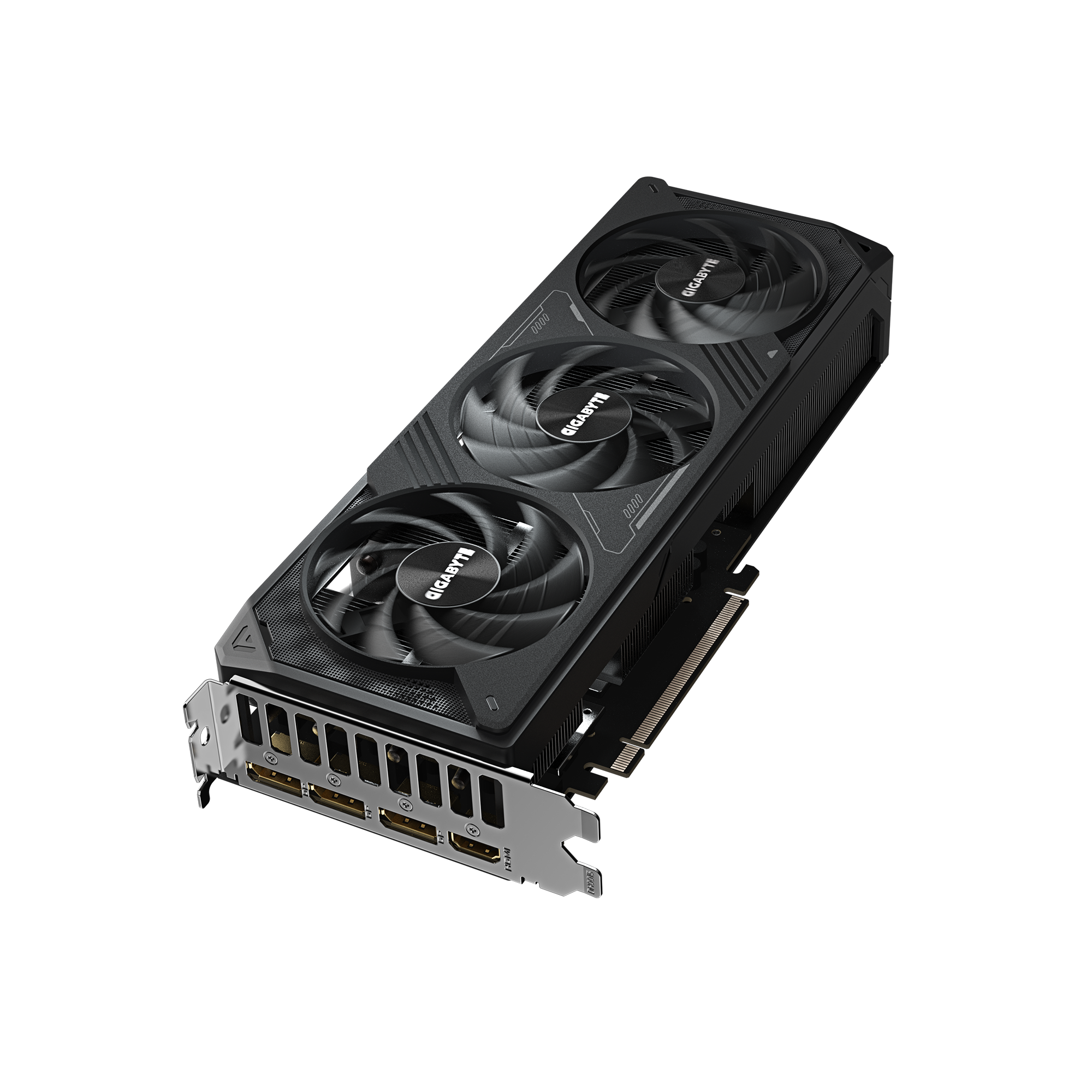 Schwarze Grafikkarte mit drei Lüftern. Die Karte hat das Gigabyte-Logo auf den Lüftern. Schwarzer Hintergrund.