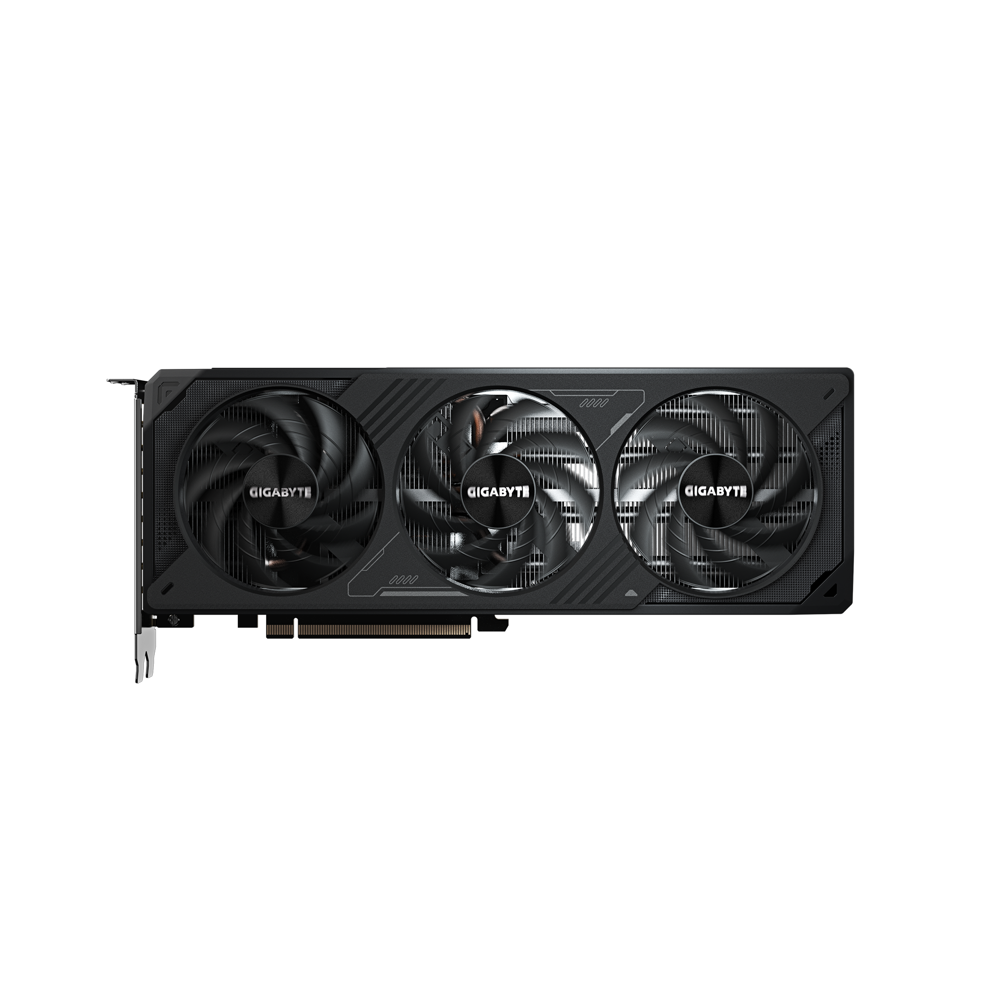 Czarna karta graficzna z trzema wentylatorami na czarnym tle.