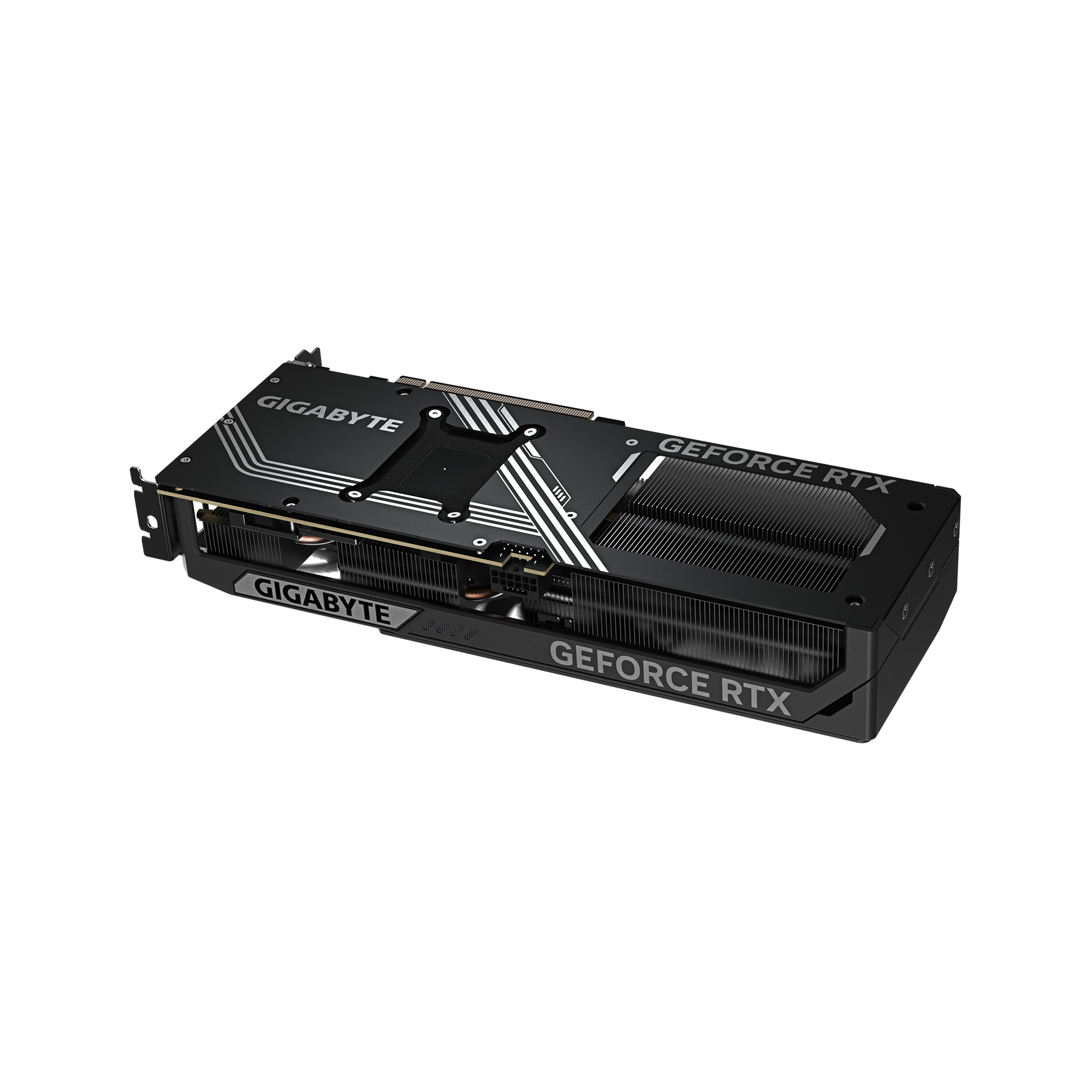 Czarna karta graficzna z dwoma wentylatorami na czarnym tle. Karta ma napis 'GIGABYTE' i 'GEFORCE RTX'.