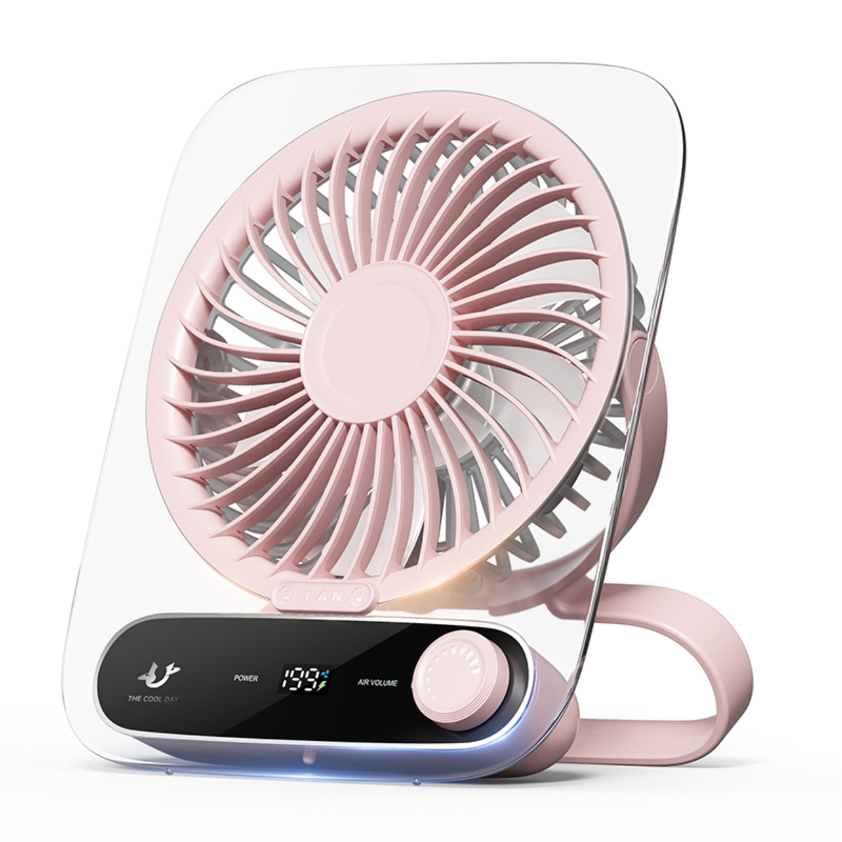 Rosa Ventilator mit klarer Front und rosa Basis mit Digitalanzeige und Bedienelementen.