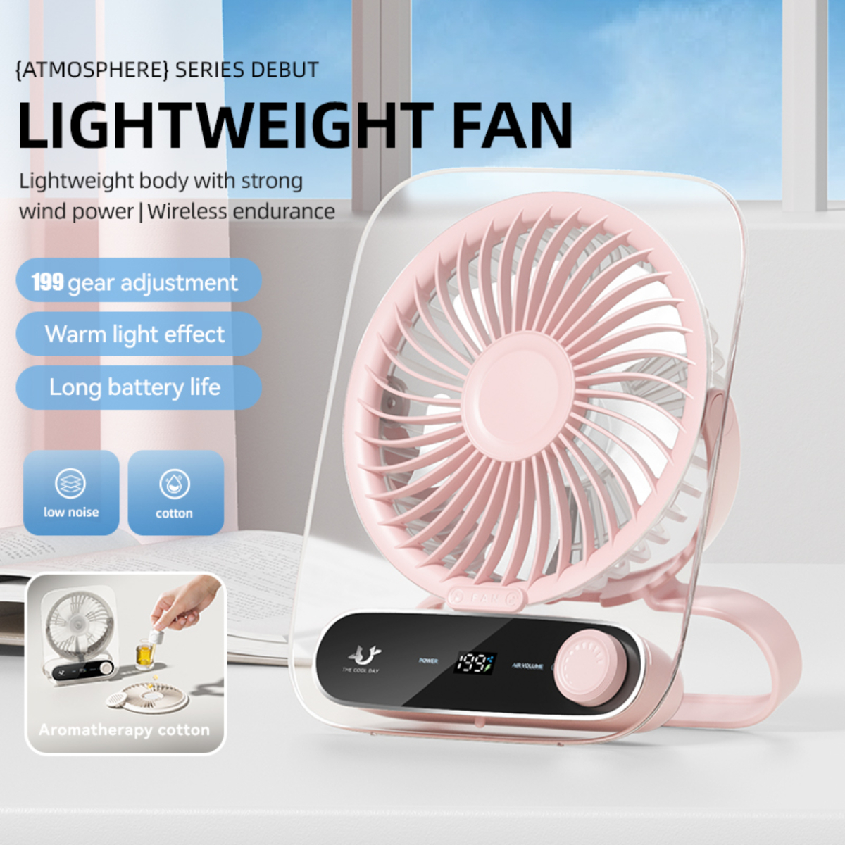Ein rosa leichter Ventilator mit Griff und Bedienfeld, vor einem klaren Hintergrund.