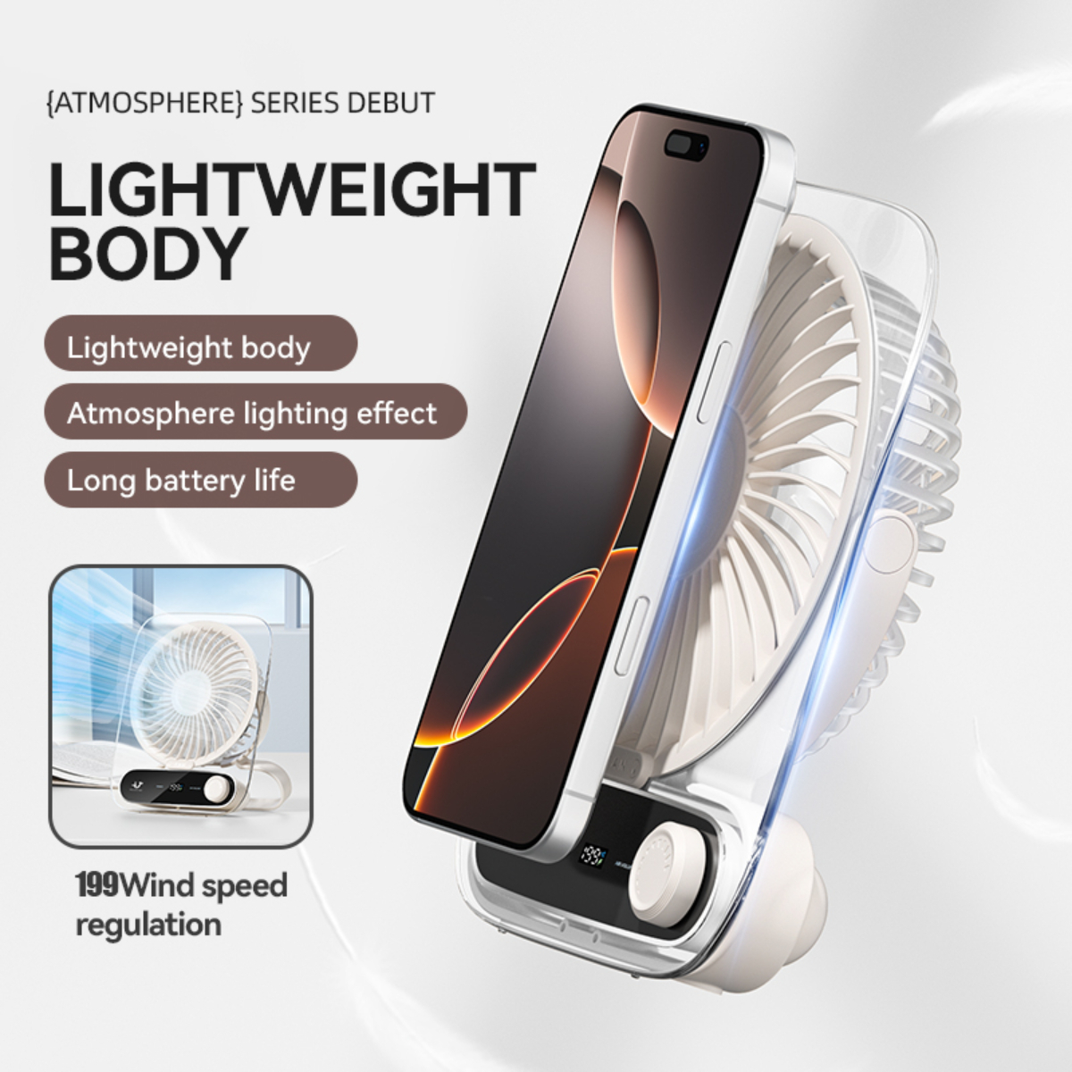 Ein weißer und klarer tragbarer Ventilator mit einem Telefon darauf. Das Telefon zeigt ein Display. Der Hintergrund ist weiß.
