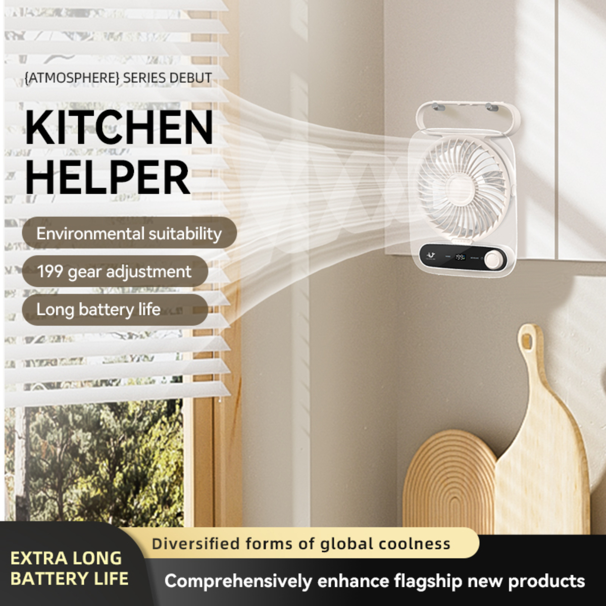 Weißer Ventilator an einer Wand. Er hat ein Display und ein Bedienfeld. Der Text darauf lautet: "KITCHEN HELPER".