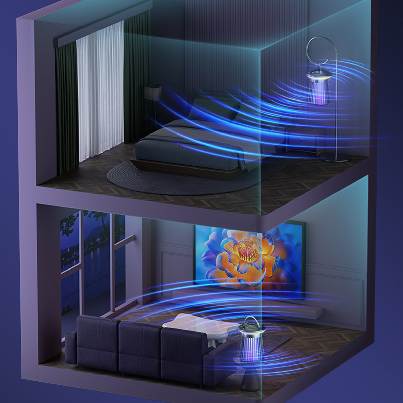 Zweistöckiges Hausmodell mit Lampe und blauen Lichtstrahlen, das Luftreinigung veranschaulicht.