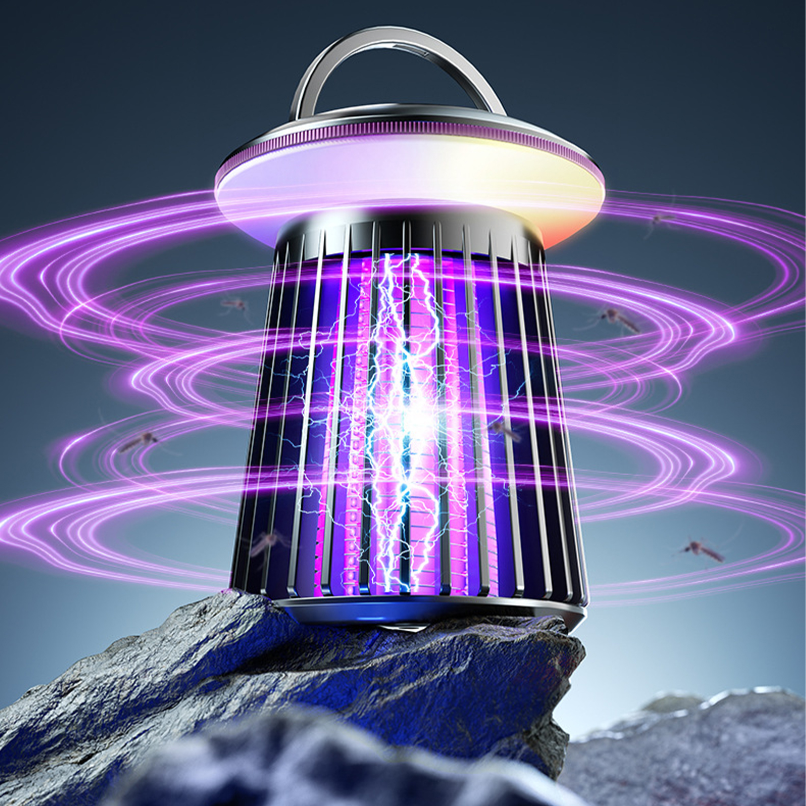 Ein Insektenvernichter mit violettem Licht, umgeben von Energieringen, auf einem Felsen.