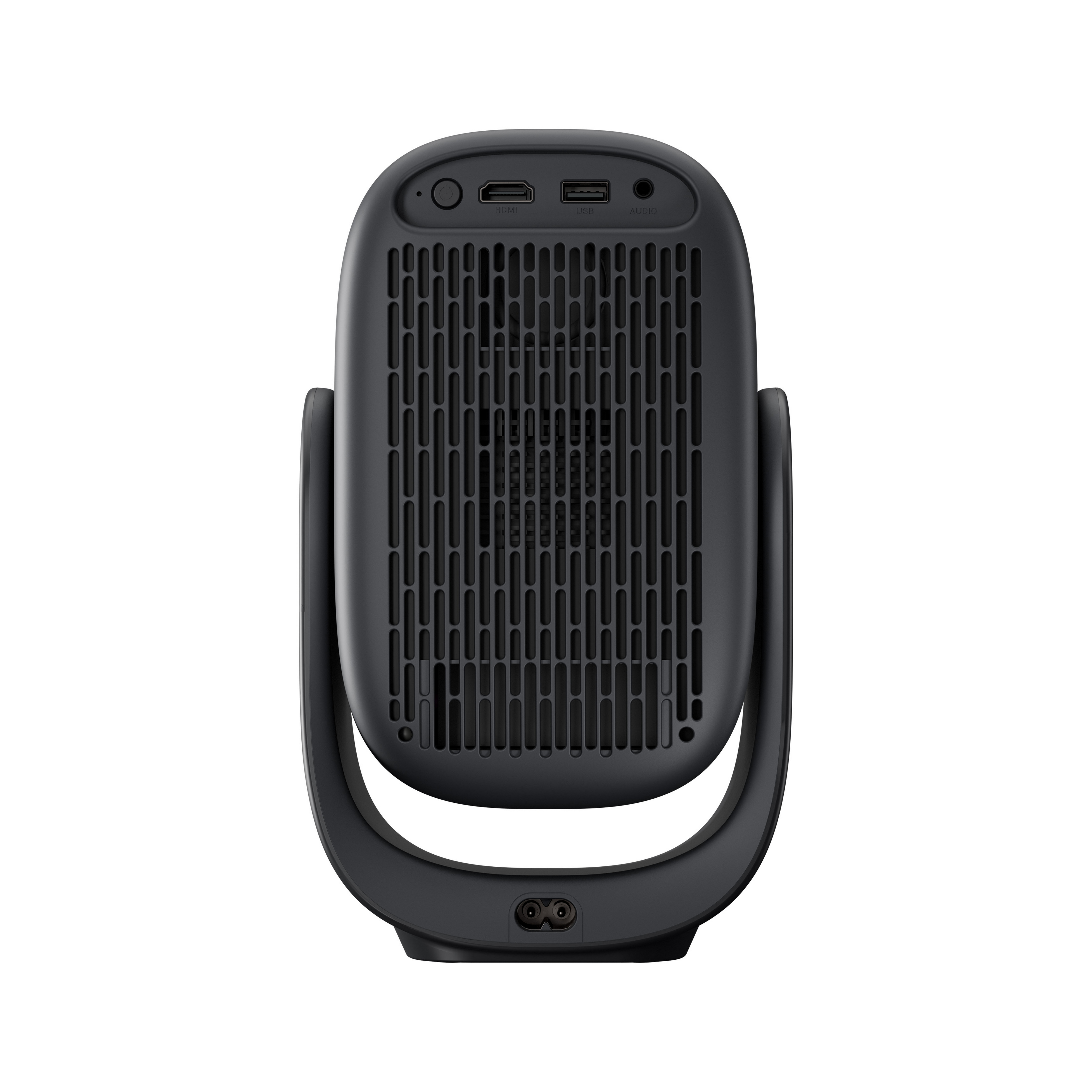 Altavoz negro en forma de abanico con asa y rejilla superior.