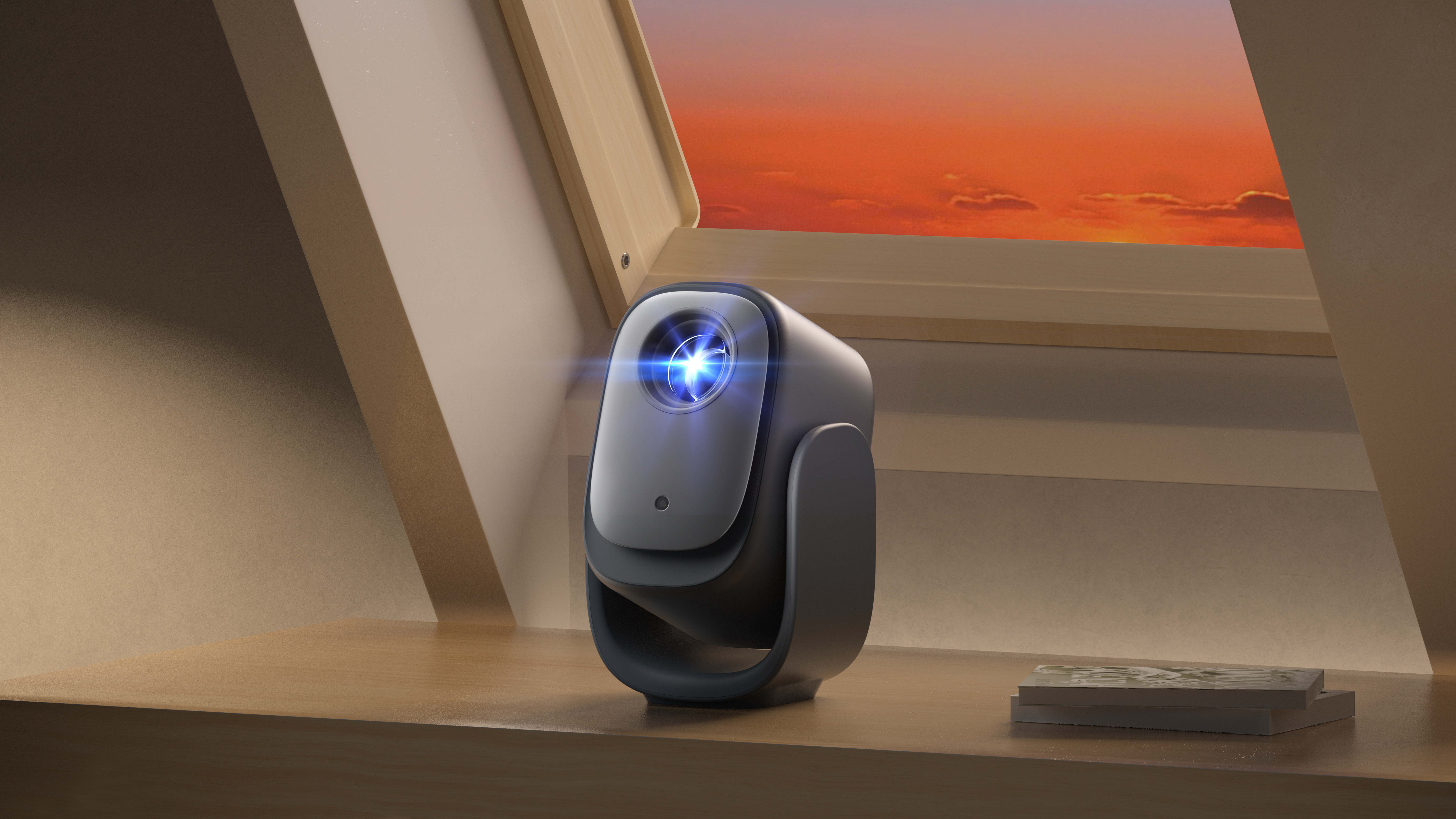 Niebiesko-szara kamera bezpieczeństwa na drewnianej powierzchni. Zachód słońca w tle.