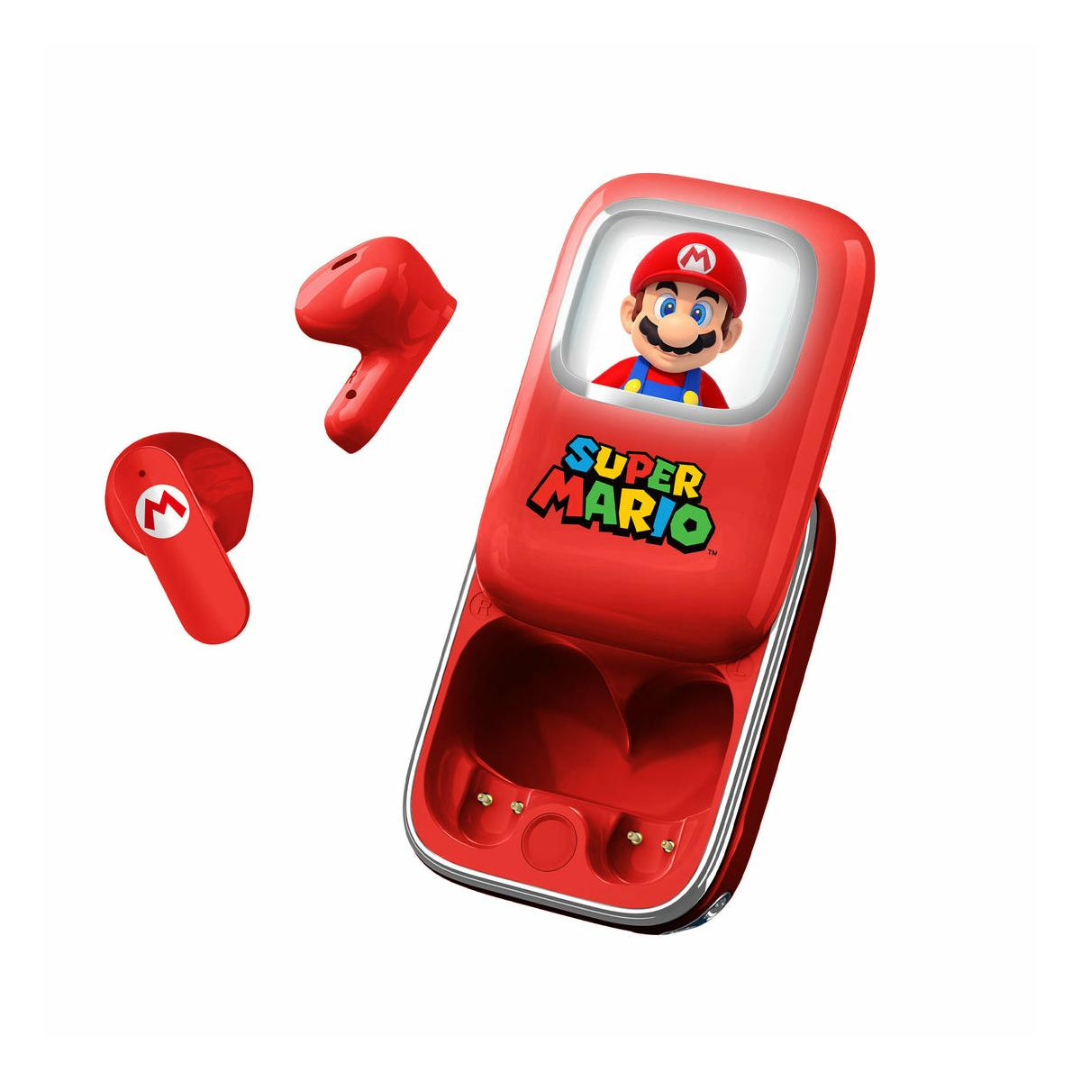 Czerwone etui na bezprzewodowe słuchawki Super Mario z obrazkiem Mario.