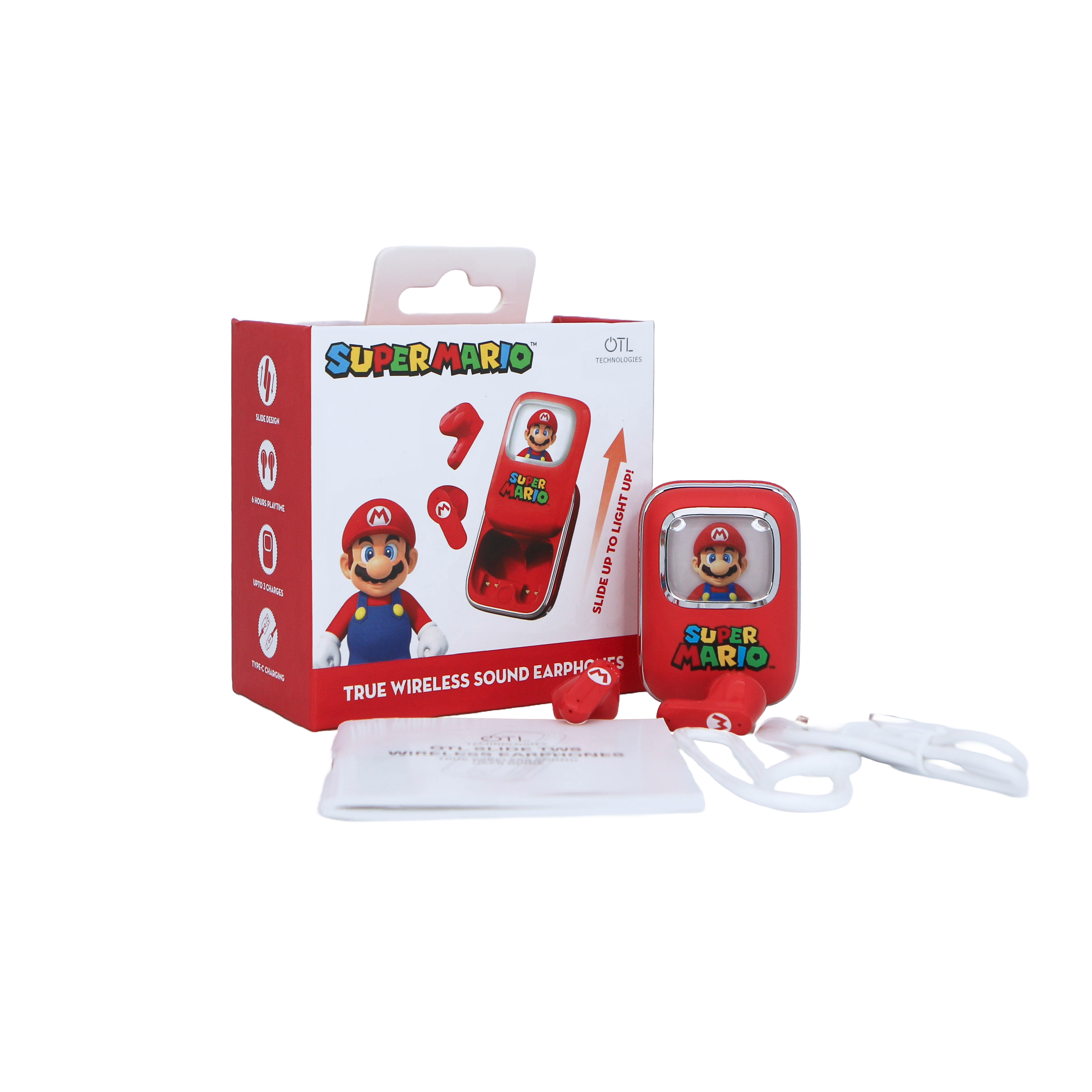 Zestaw słuchawek Super Mario. Czerwone pudełko z grafiką Super Mario, słuchawki, etui ładujące i instrukcja. Kolory czerwony, biały i czarny.