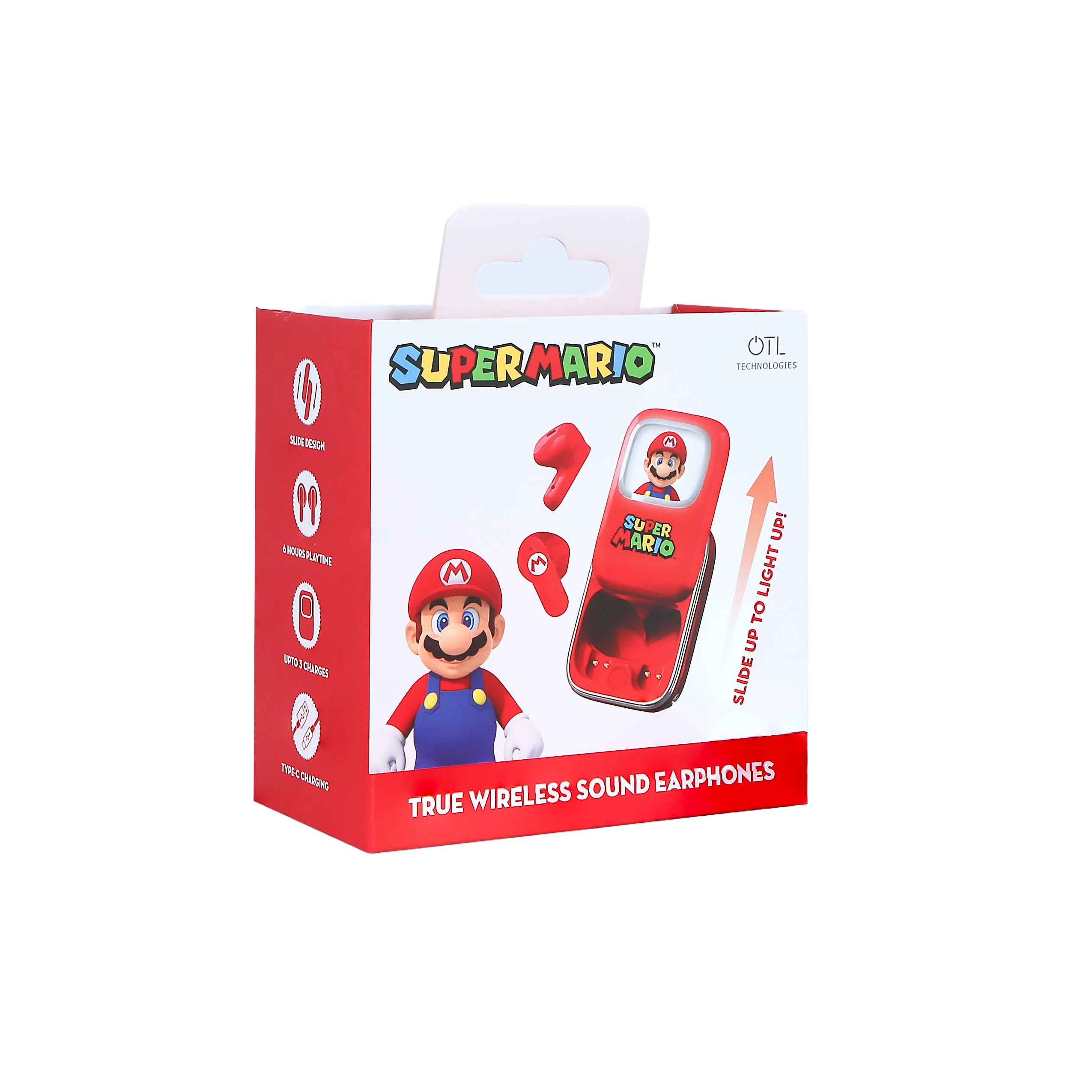 Bezprzewodowe słuchawki Super Mario w czerwonym pudełku. Ilustracja Mario.