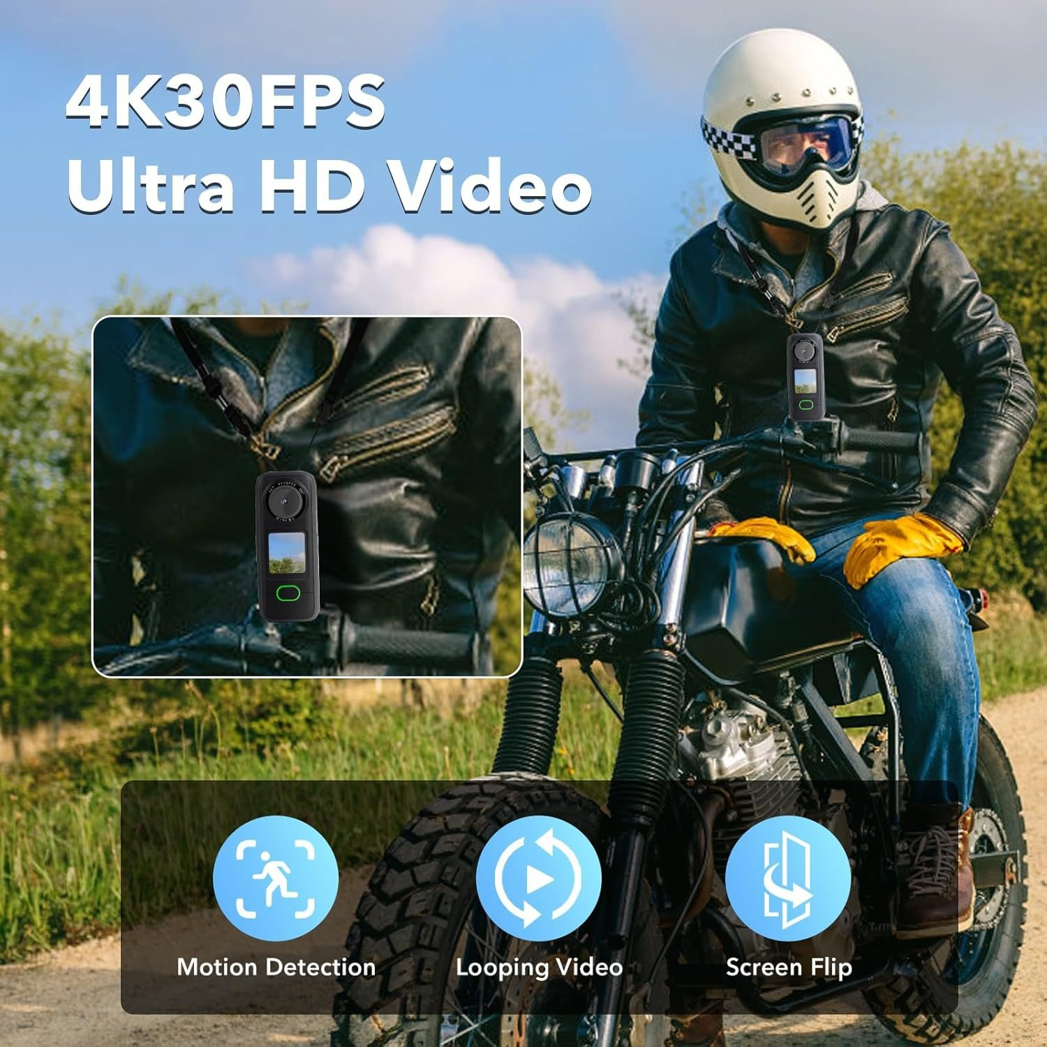 Mann auf Motorrad mit Action-Kamera. Zu den Funktionen gehören Bewegungserkennung, Loop-Video und Bildschirmdrehung.