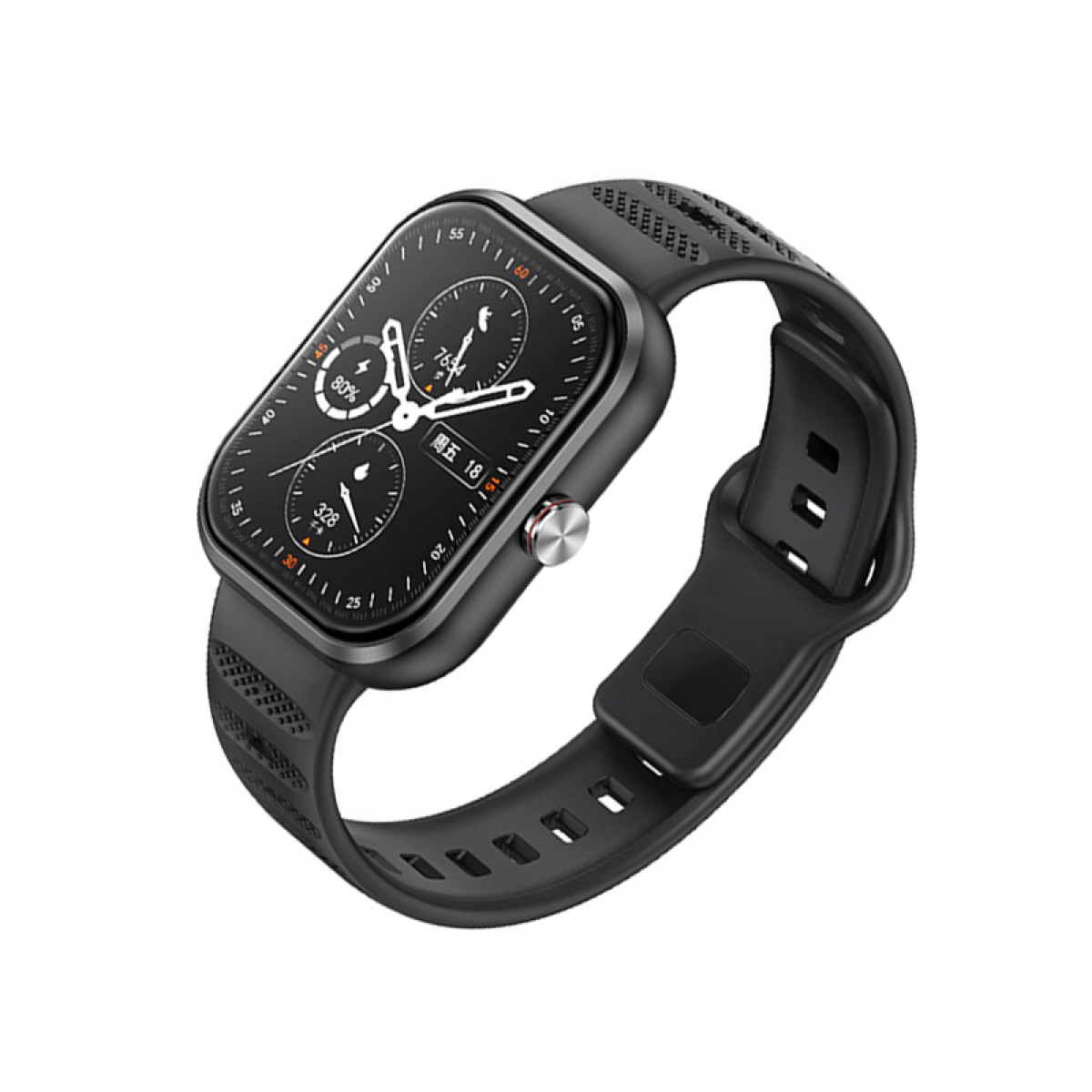 Uno smartwatch nero con schermo rettangolare, cinturino nero e pulsante argentato.