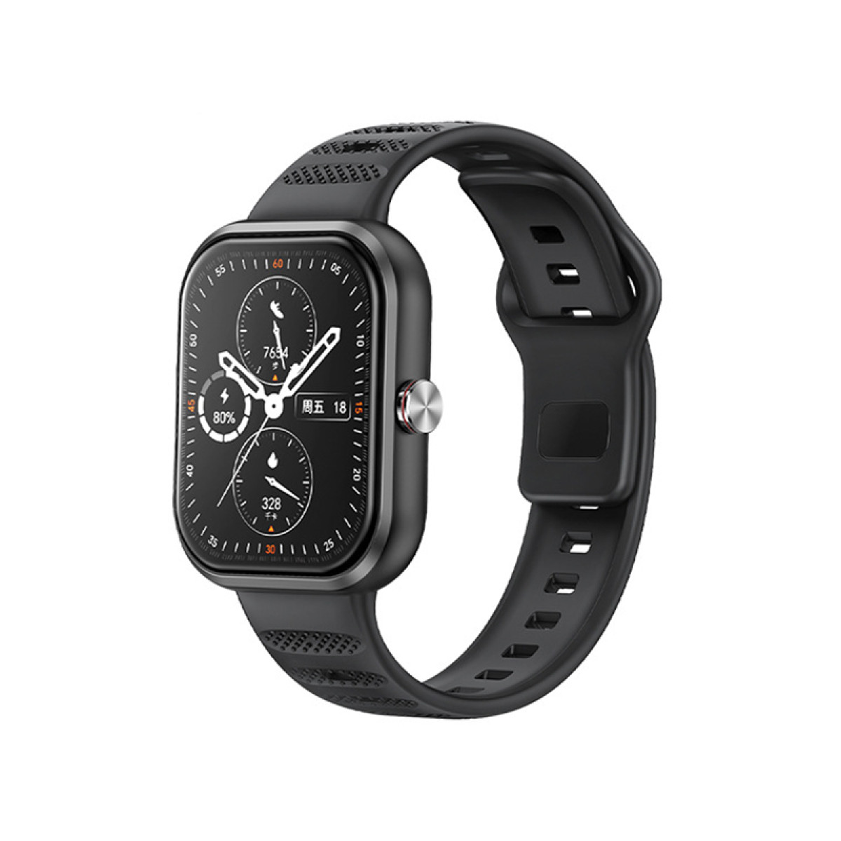 Uno smartwatch nero con schermo quadrato e cinturino nero, isolato su sfondo bianco.