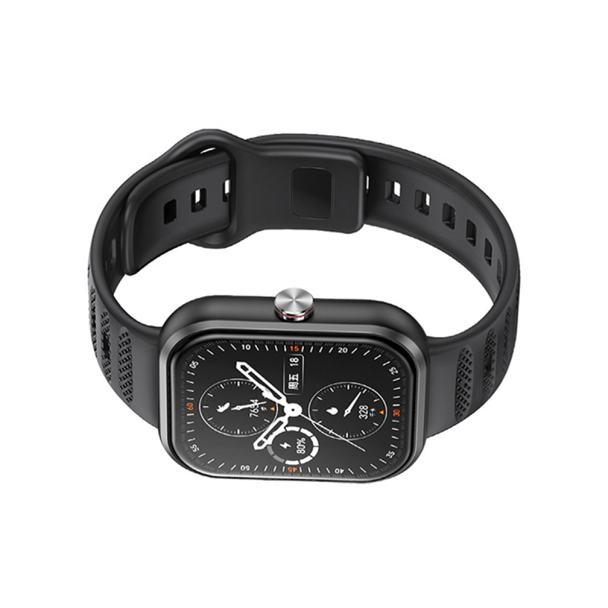 Uno smartwatch nero con quadrante rettangolare. L'orologio ha un cinturino nero e un pulsante argentato sul lato.