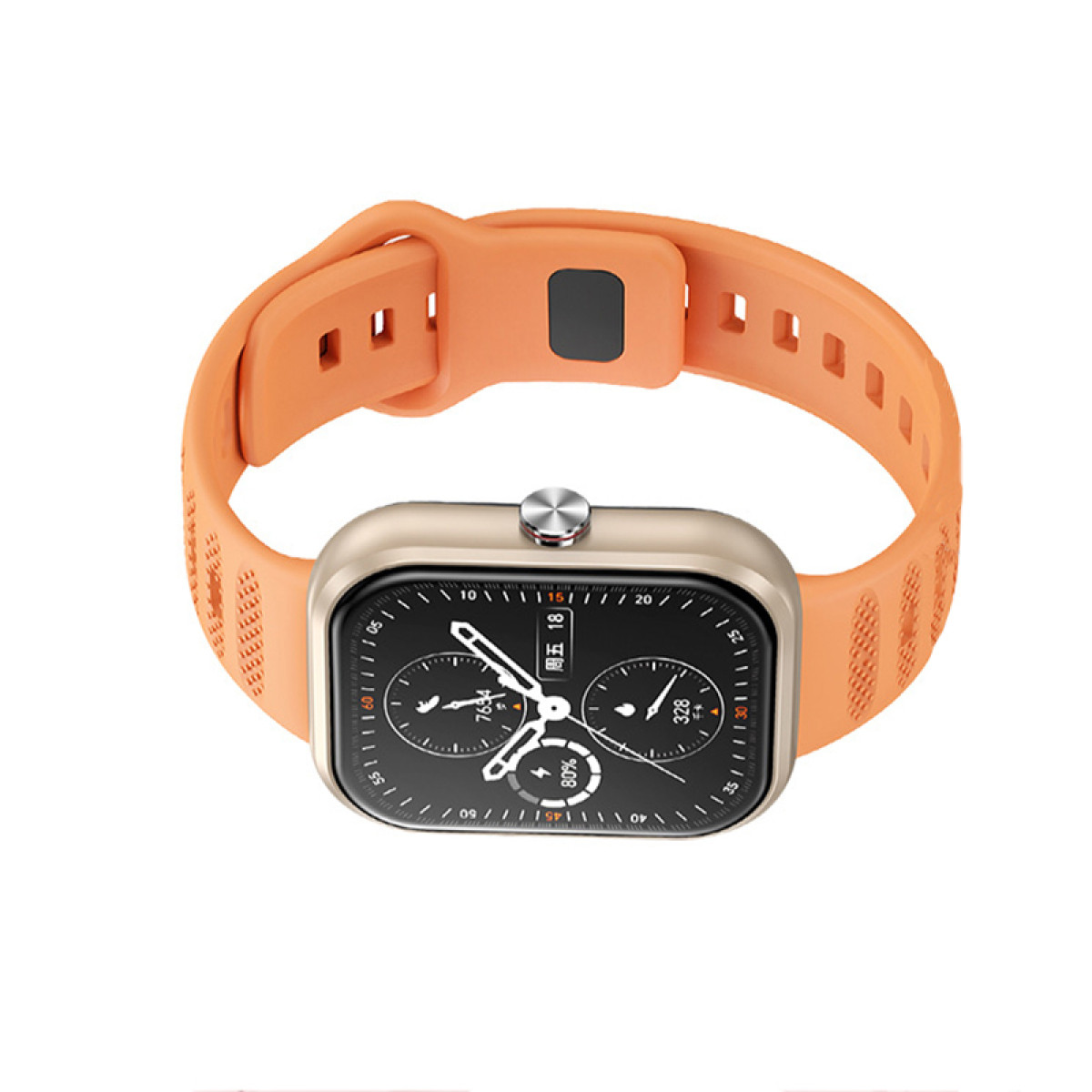 Smartwatch arancione con schermo rettangolare e cinturino arancione su sfondo bianco.
