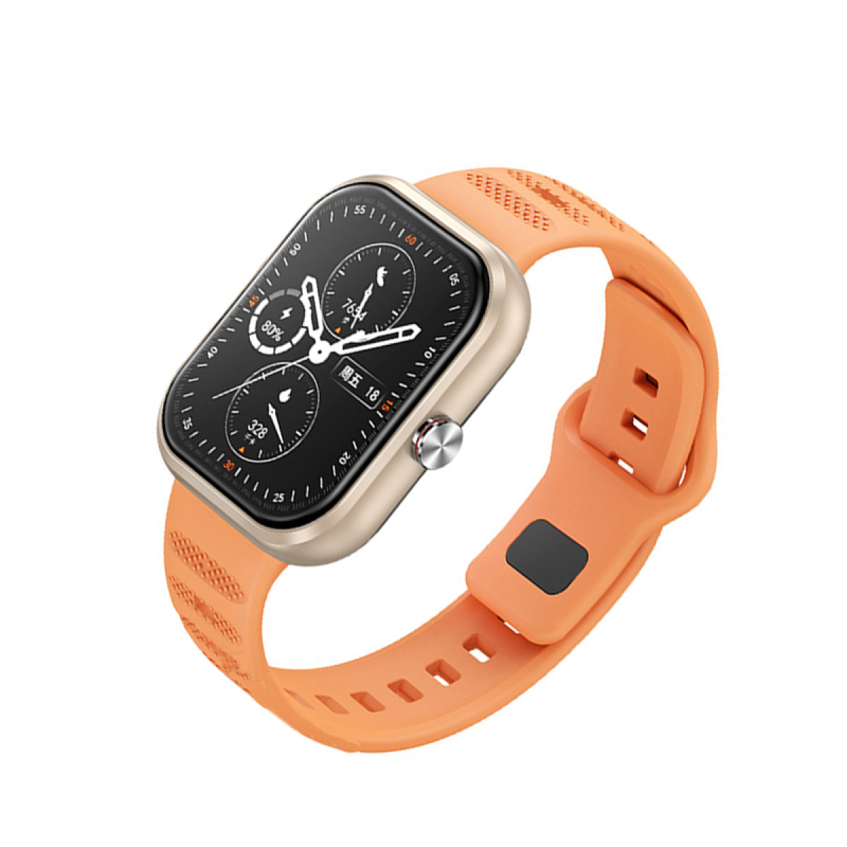 Uno smartwatch arancione con cassa argentata e schermo nero che mostra informazioni.