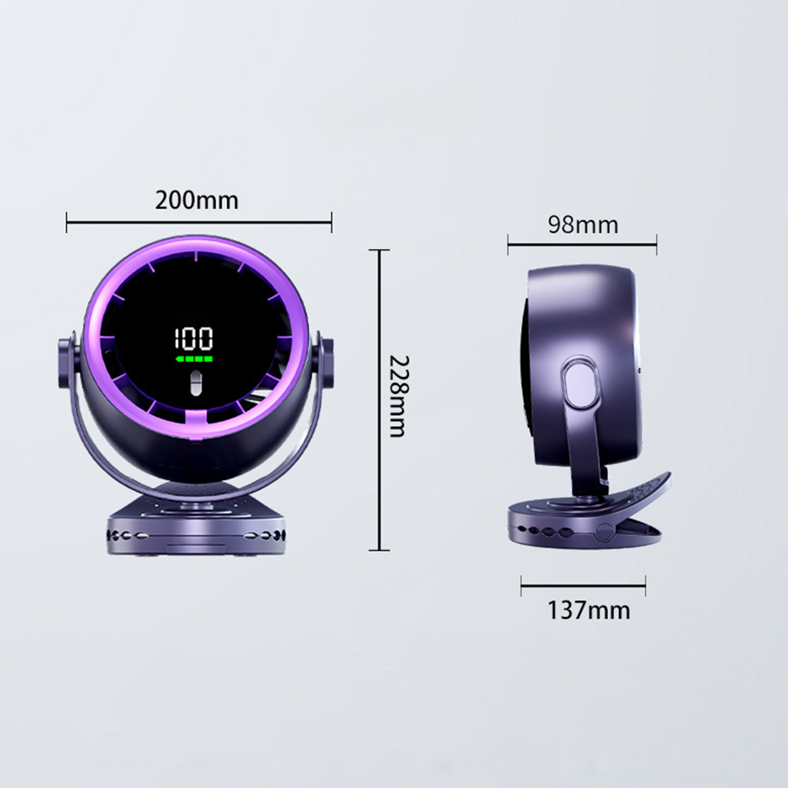 Ein Ventilator mit lila Ring, Display und Abmessungen. Es hat einen Ständer und einen Clip.