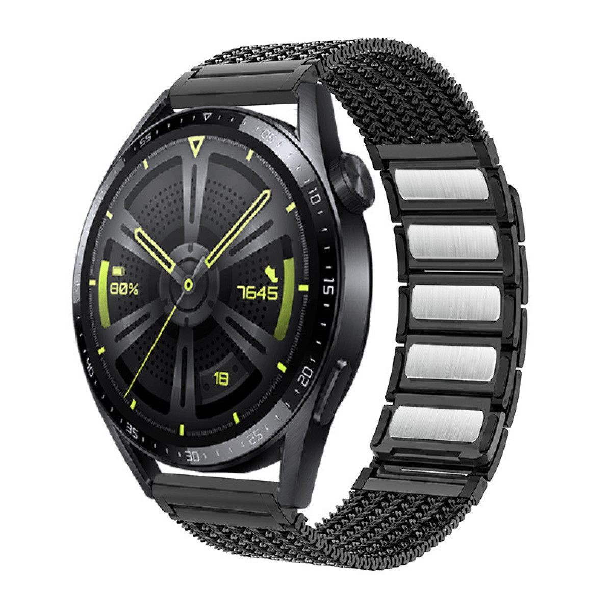 Smartwatch nero con cinturino in metallo nero, mostra ora e dati sanitari.