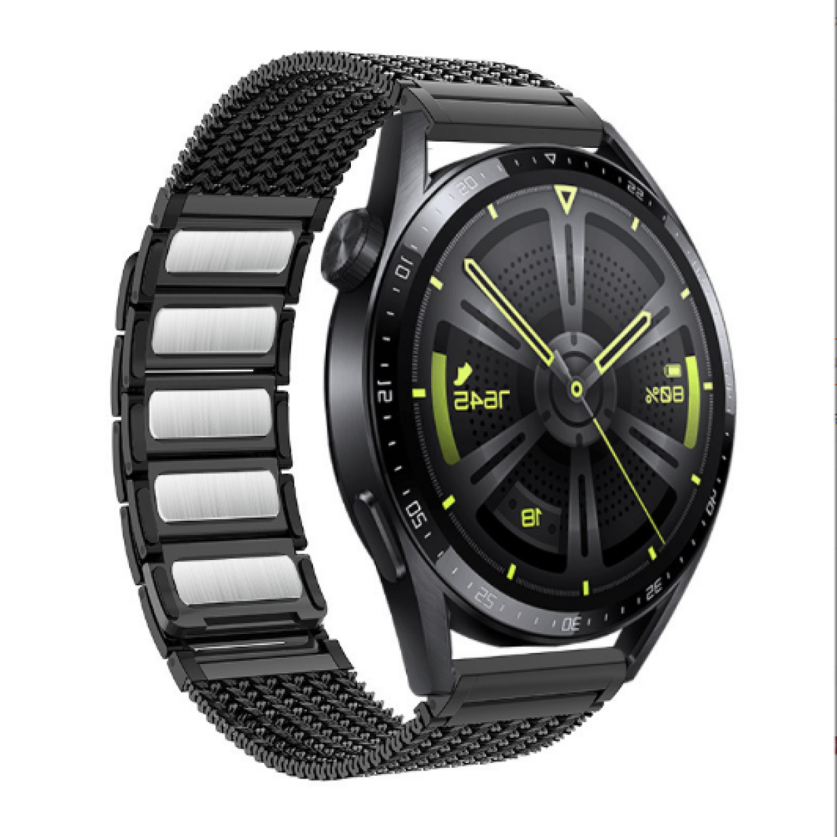 Uno smartwatch nero con un cinturino in metallo nero è esposto su uno sfondo bianco.