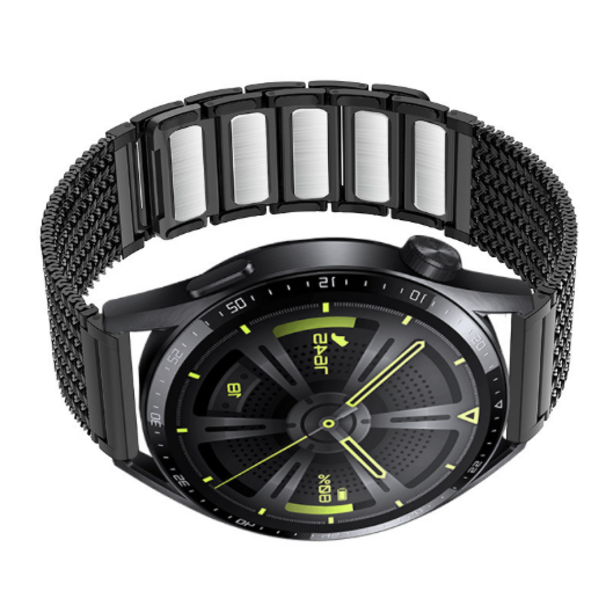 Smartwatch nero con cinturino in metallo nero, sfondo bianco.