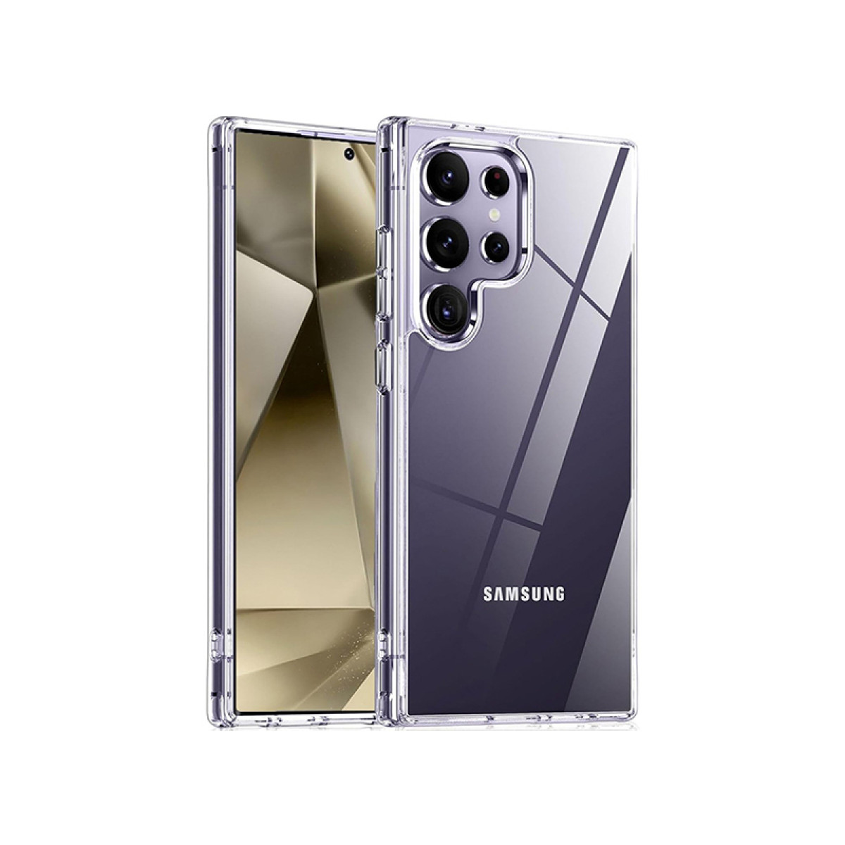Custodia trasparente per telefono sopra un telefono. La parola SAMSUNG è stampata sul retro.