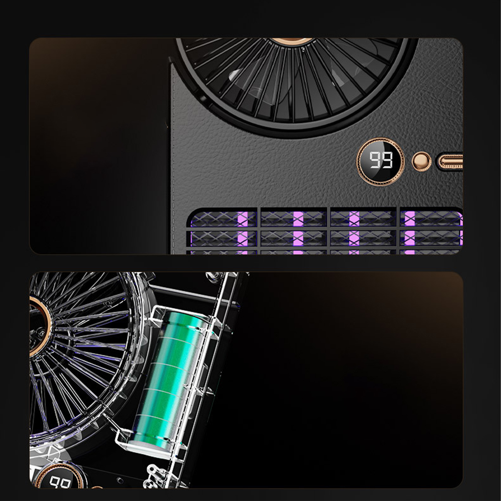 Nahaufnahme eines schwarzen Lüfters mit Batterieinformationen und Digitalanzeige 99.