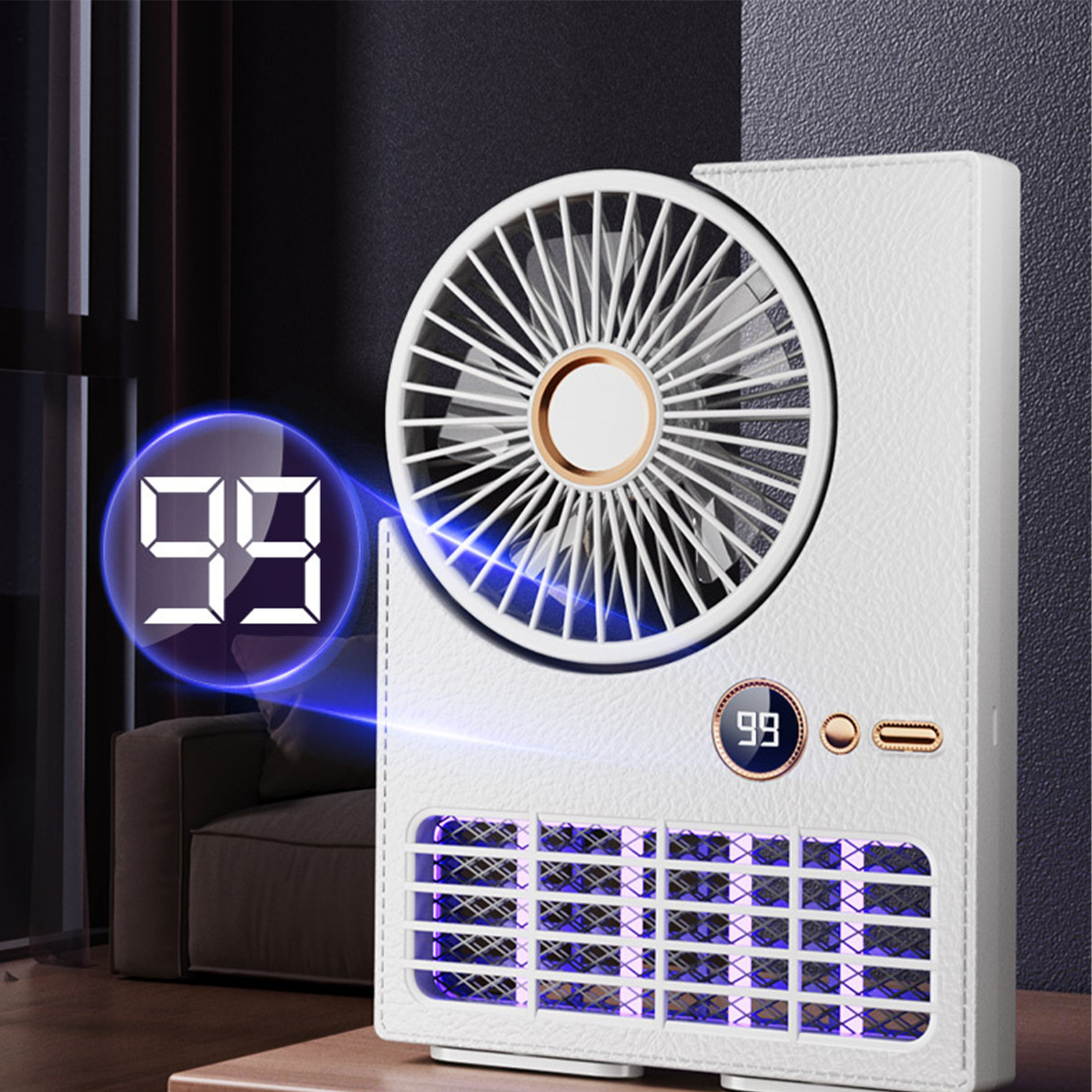 Weißer Luftreiniger mit Anzeige 99 und einem Ventilator.