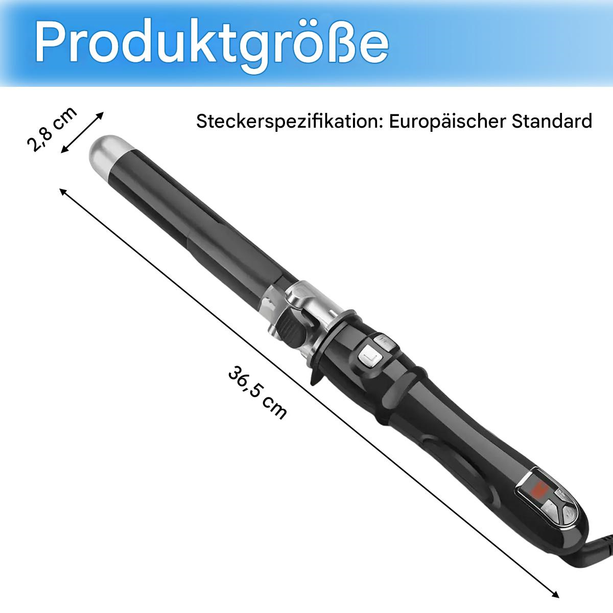 Schwarzer Lockenstab mit Maßen. Er hat einen schwarzen Griff und eine silberne Spitze. Die Länge beträgt 36,5 cm.