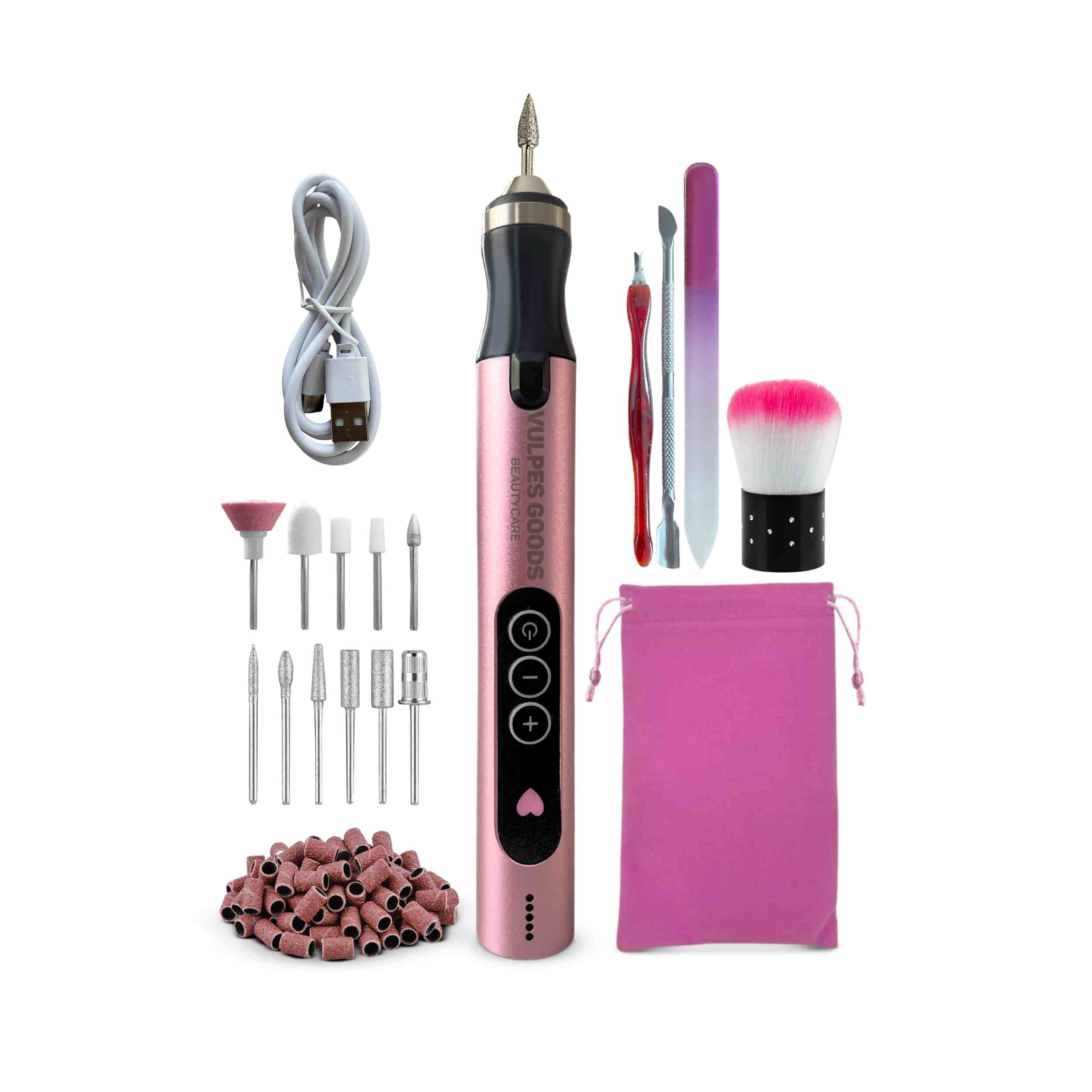 Pinkes elektrisches Nagelbohrerset mit verschiedenen Bits, einem Ladekabel und einem rosa Beutel.