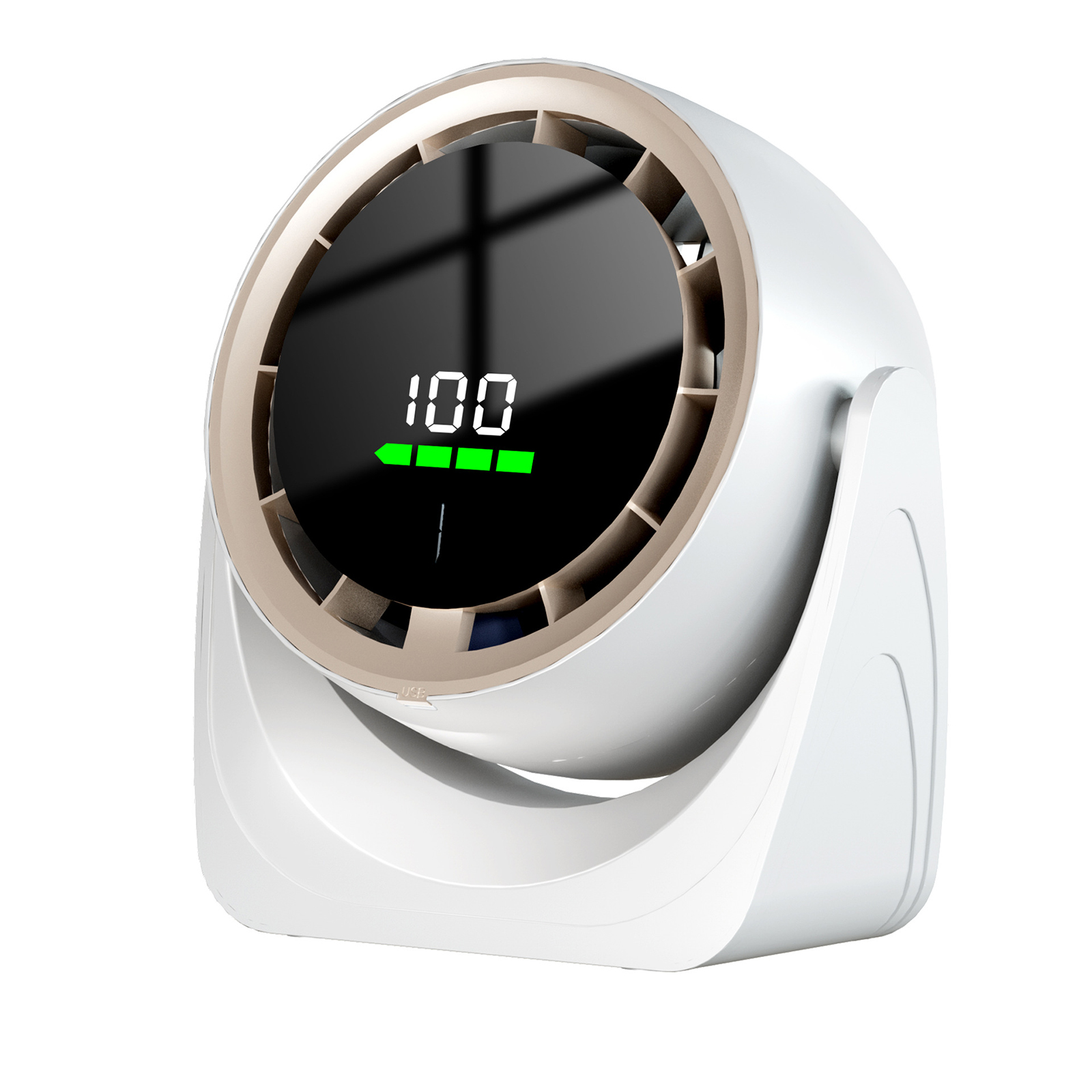 Weiß-goldener Ventilator mit Digitalanzeige, die 100 und einen grünen Fortschrittsbalken zeigt.