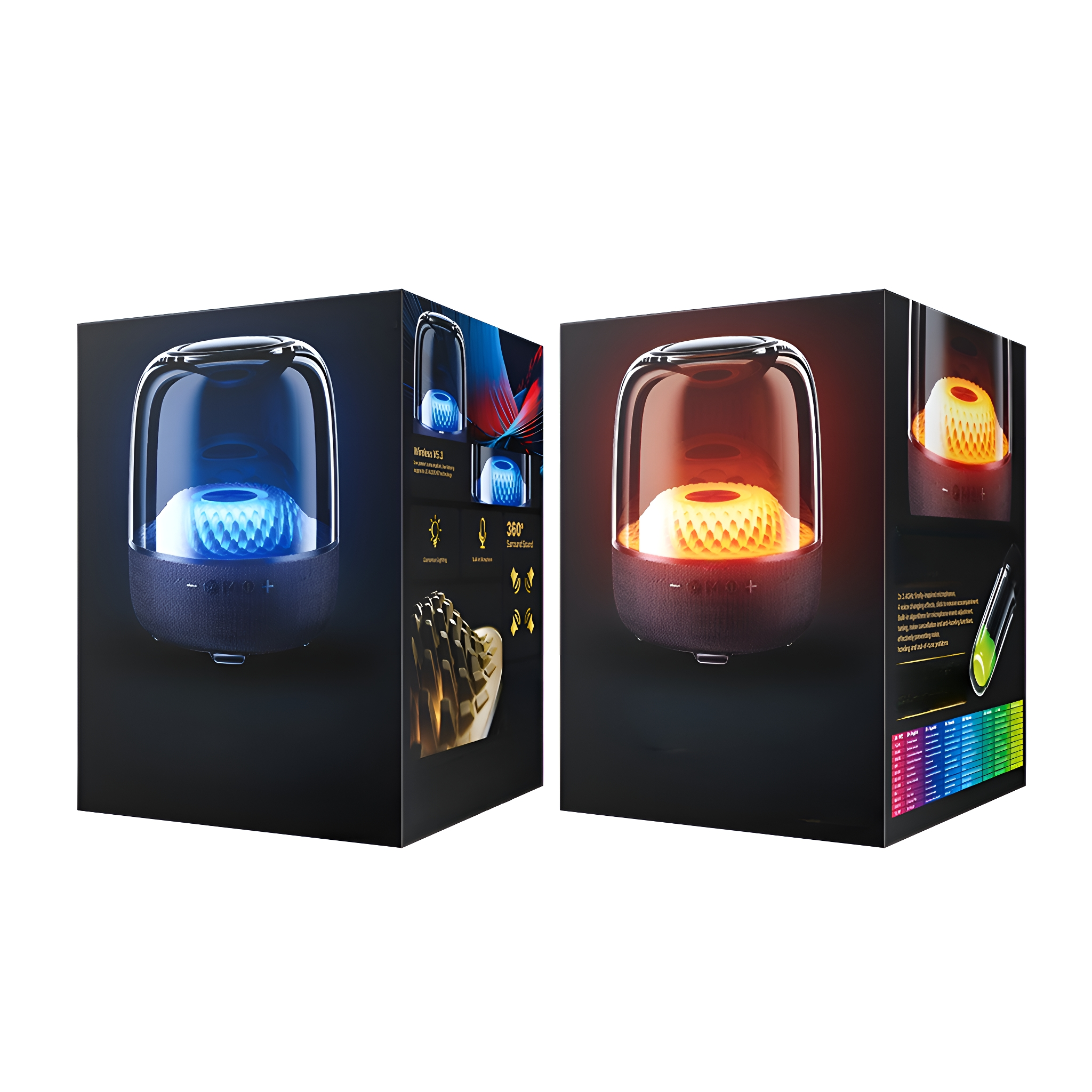 Zwei Boxen mit Lautsprechern, eine mit blauem Licht und eine mit orangem Licht. Sie zeigen 360°-Sound und Lichtdetails.