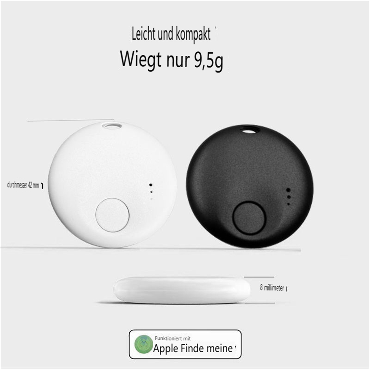Weiße und schwarze Ortungsgeräte. Text: Leicht und kompakt. Wiegt 9,5 g. Apple Find My kompatibel.