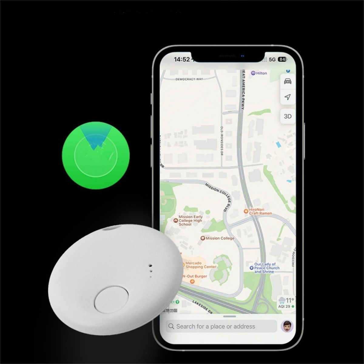Weißer Tracker und Telefon mit Karte, die den Standort zeigt. Schwarzer Hintergrund mit grünem Kreis.