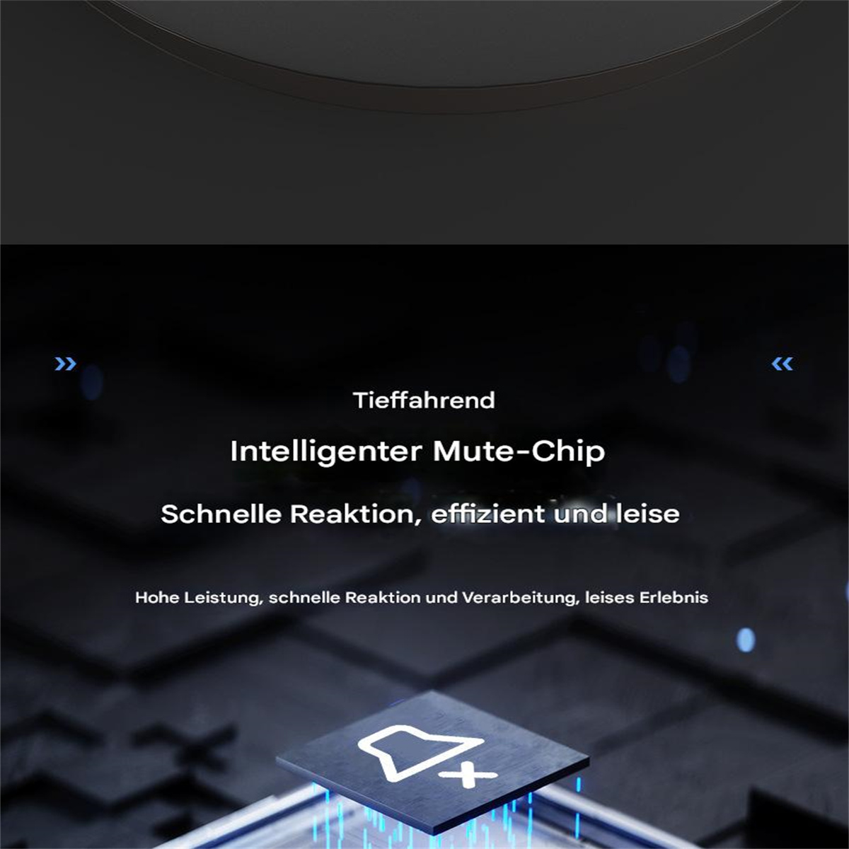 Nahaufnahme einer schwarzen Leiterplatte mit einem Lautsprechersymbol in der Mitte, Text über den Chip.