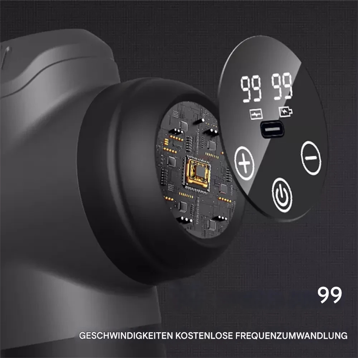 Eine schwarze Massagepistole hat ein digitales Display mit Zahlen und Knöpfen. Die interne Leiterplatte ist sichtbar.