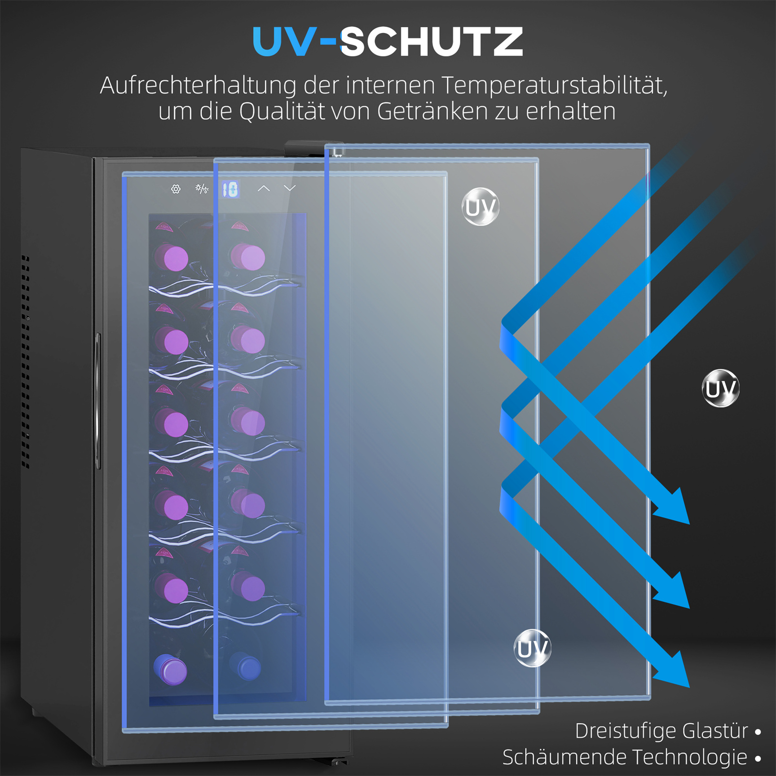 Weinkühler mit UV-Schutz mit Pfeilen. Innen sind Flaschen sichtbar. Text sagt UV-Schutz.