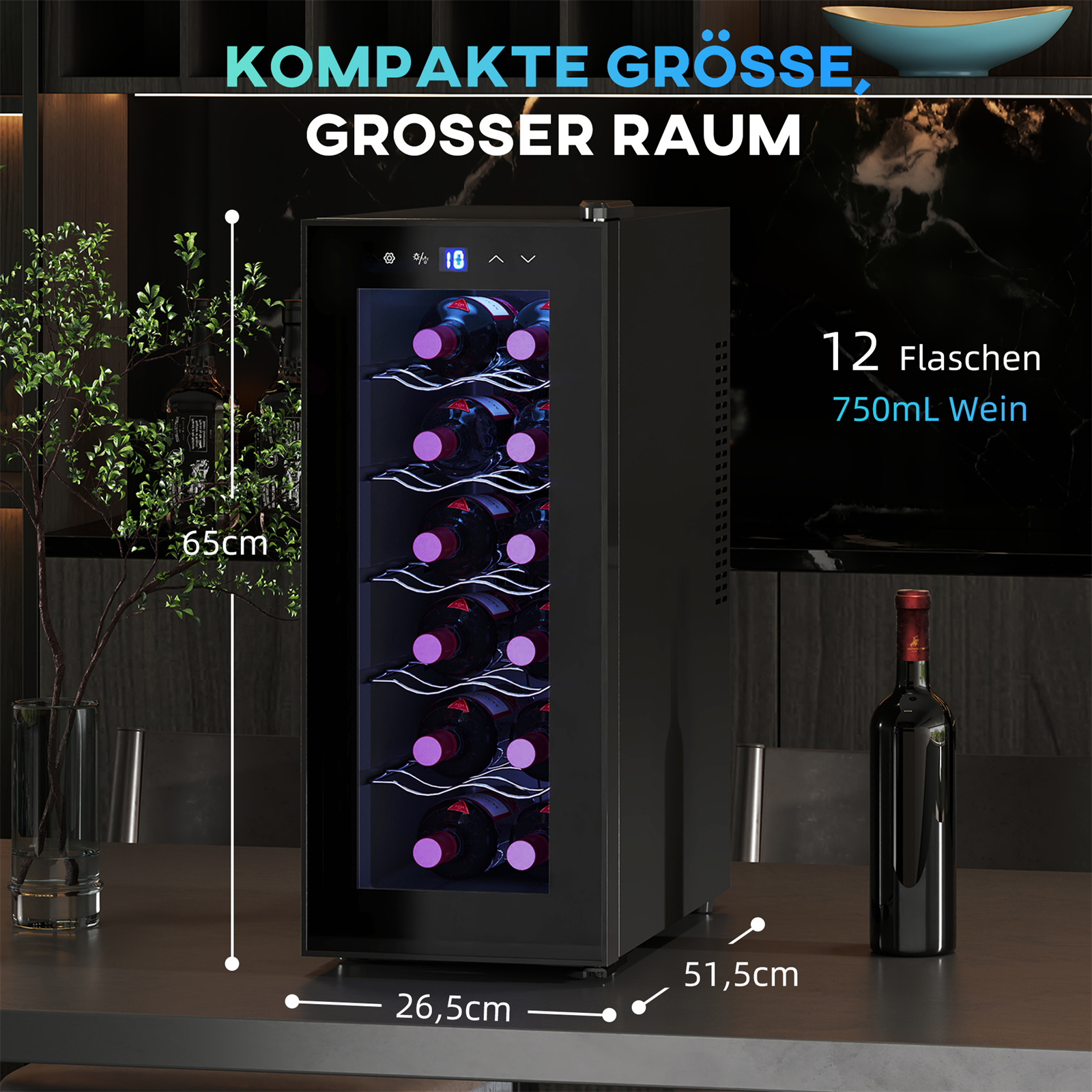 Ein schwarzer Weinkühler mit 12 Flaschen im Inneren, mit Abmessungen und einer Rotweinflasche an der Seite.