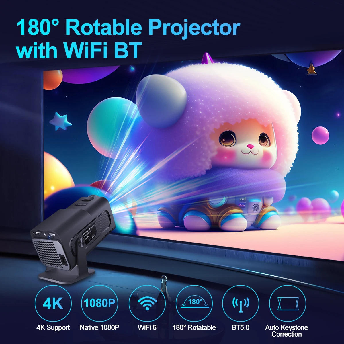 Ein Projektor, der eine Cartoon-Katze zeigt. Text: 180° drehbarer Projektor mit WiFi BT, 4K, 1080P, WiFi.