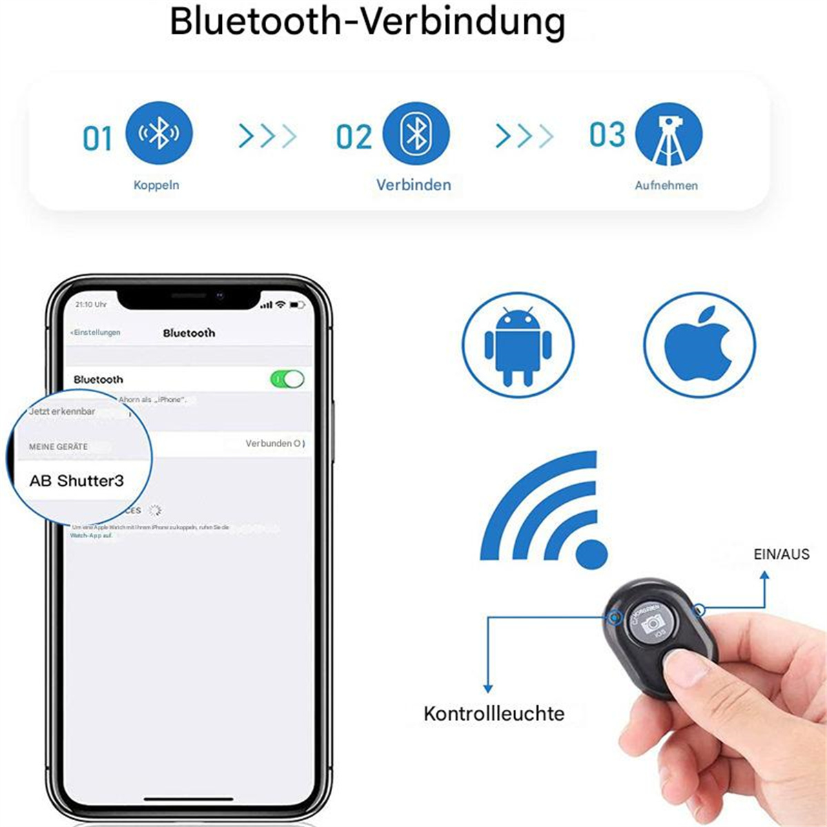 Diagramm, das zeigt, wie man sich mit einem Telefon und einer Fernbedienung über Bluetooth verbindet.
