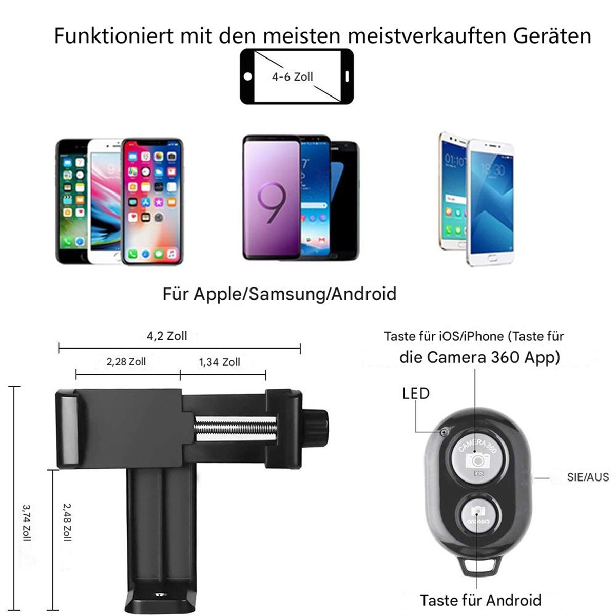 Gerätetänder mit Fernbedienung. Zeigt angeschlossene Telefone mit Abmessungen und Tastenbeschriftungen.