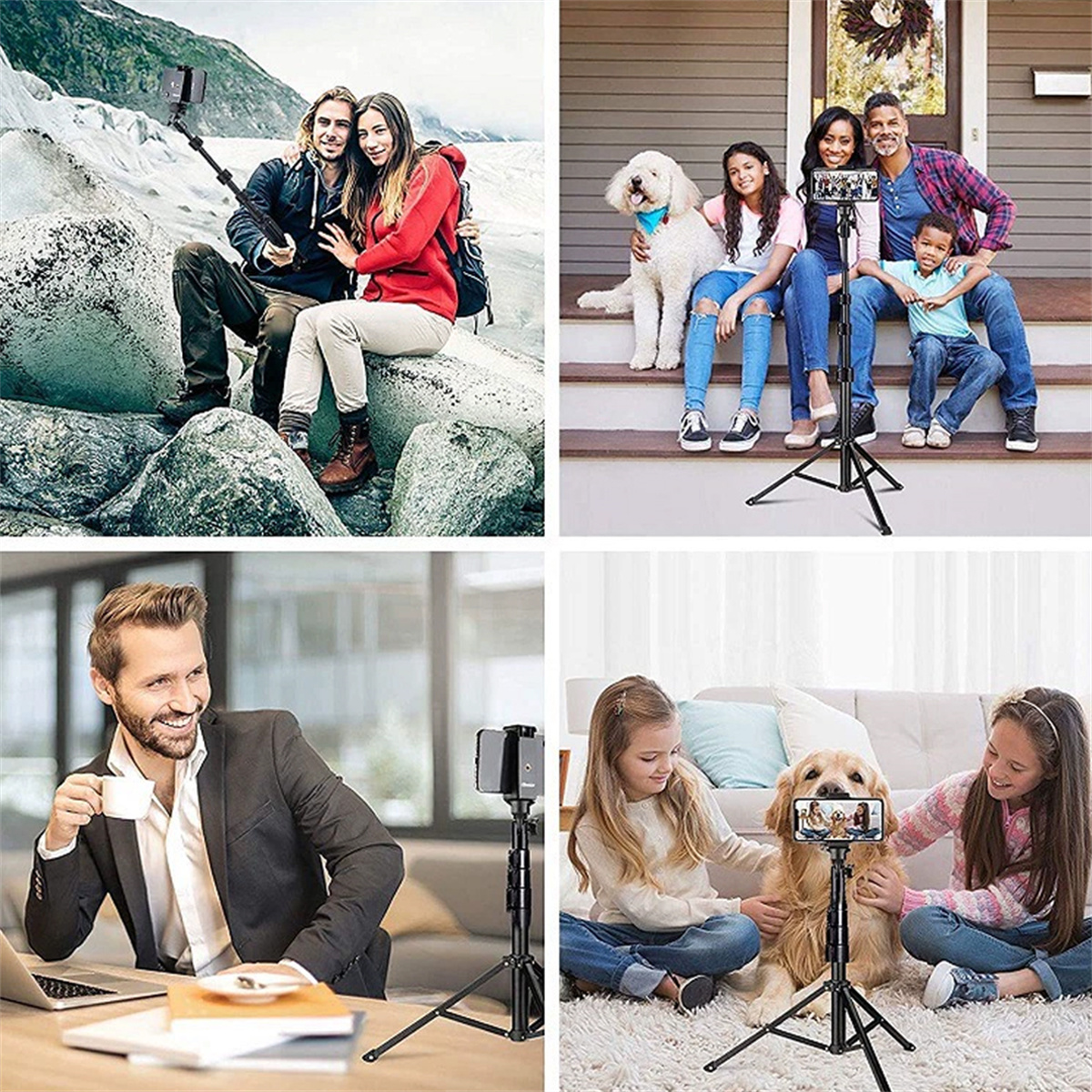 Vier Bilder zeigen Personen, die ein Stativ mit ihren Handys verwenden, um Fotos zu machen. Mehrere Personen sind beteiligt.