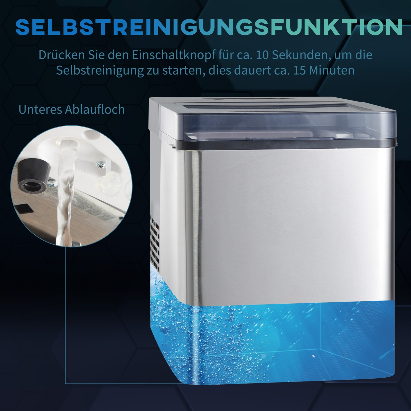 Ein Eismaschine mit Edelstahl-Finish, mit sichtbarem Wasserfluss und transparentem Deckel.